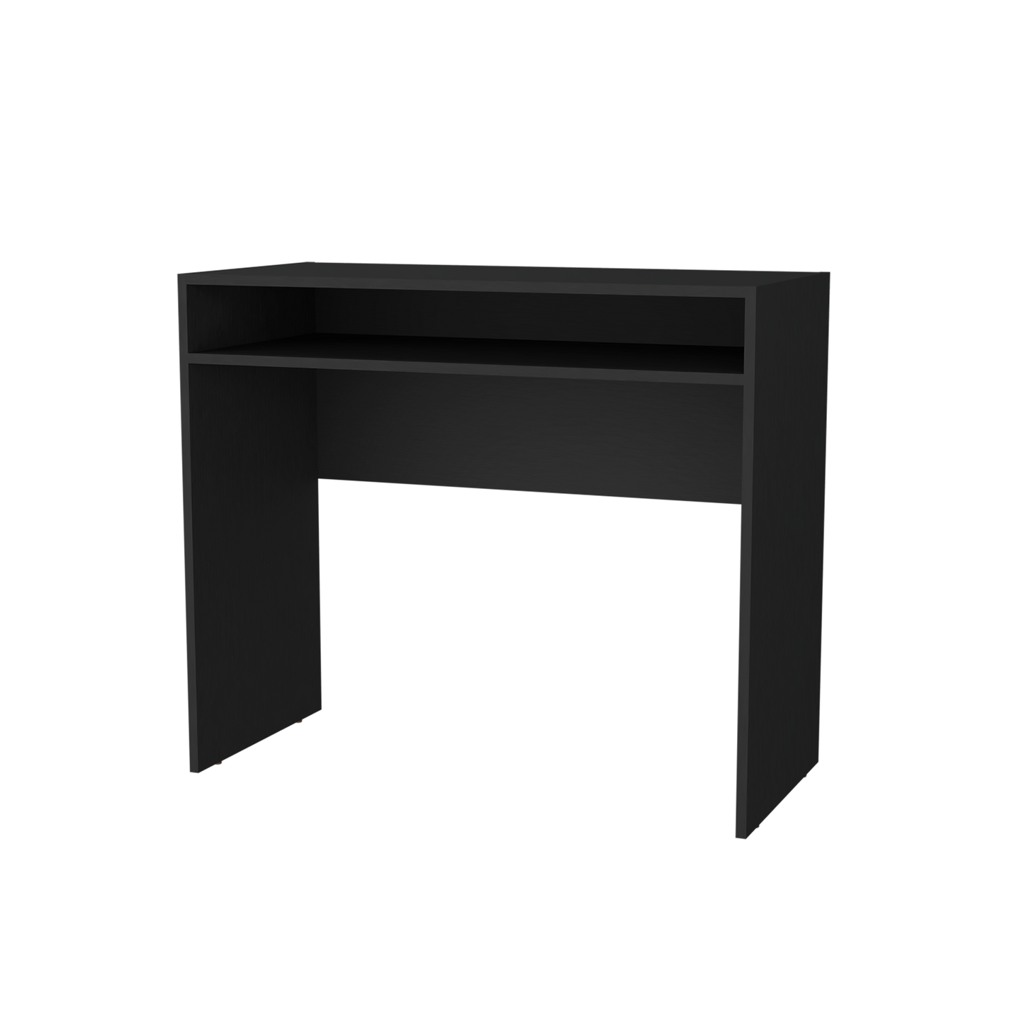 Sleek black minimalist desk with an open shelf above for storage