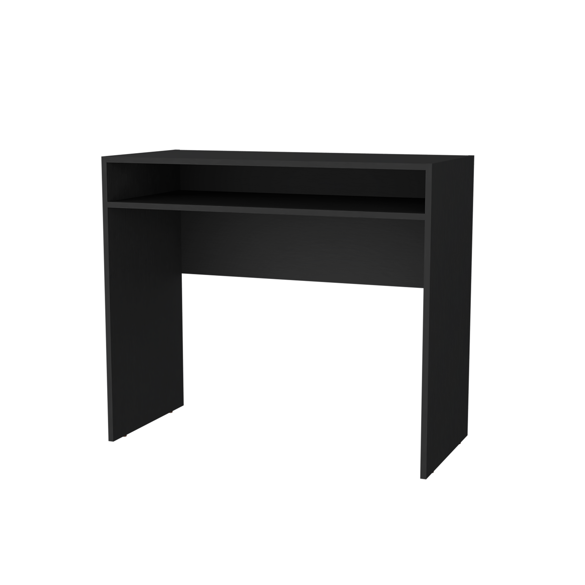 Sleek black minimalist desk with an open shelf above for storage