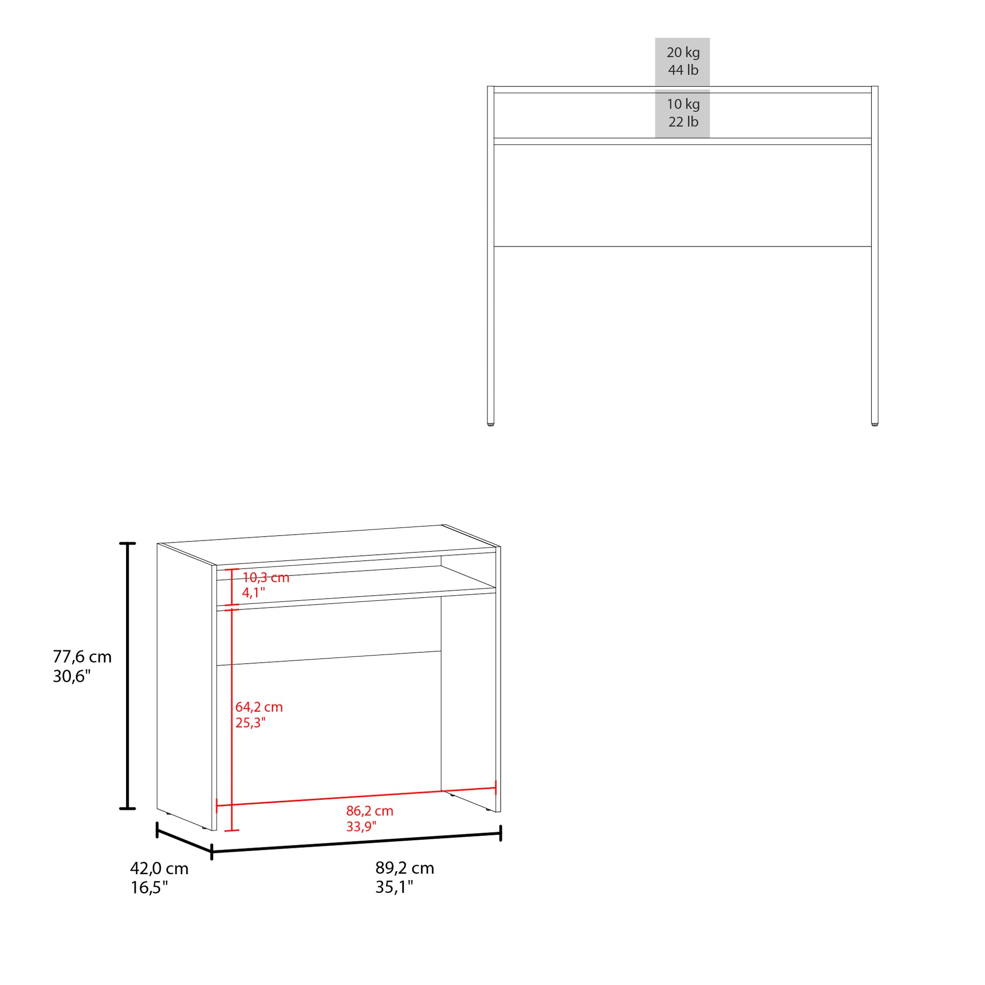 Diagram of a minimalist desk with dimensions cm width cm height cm depth