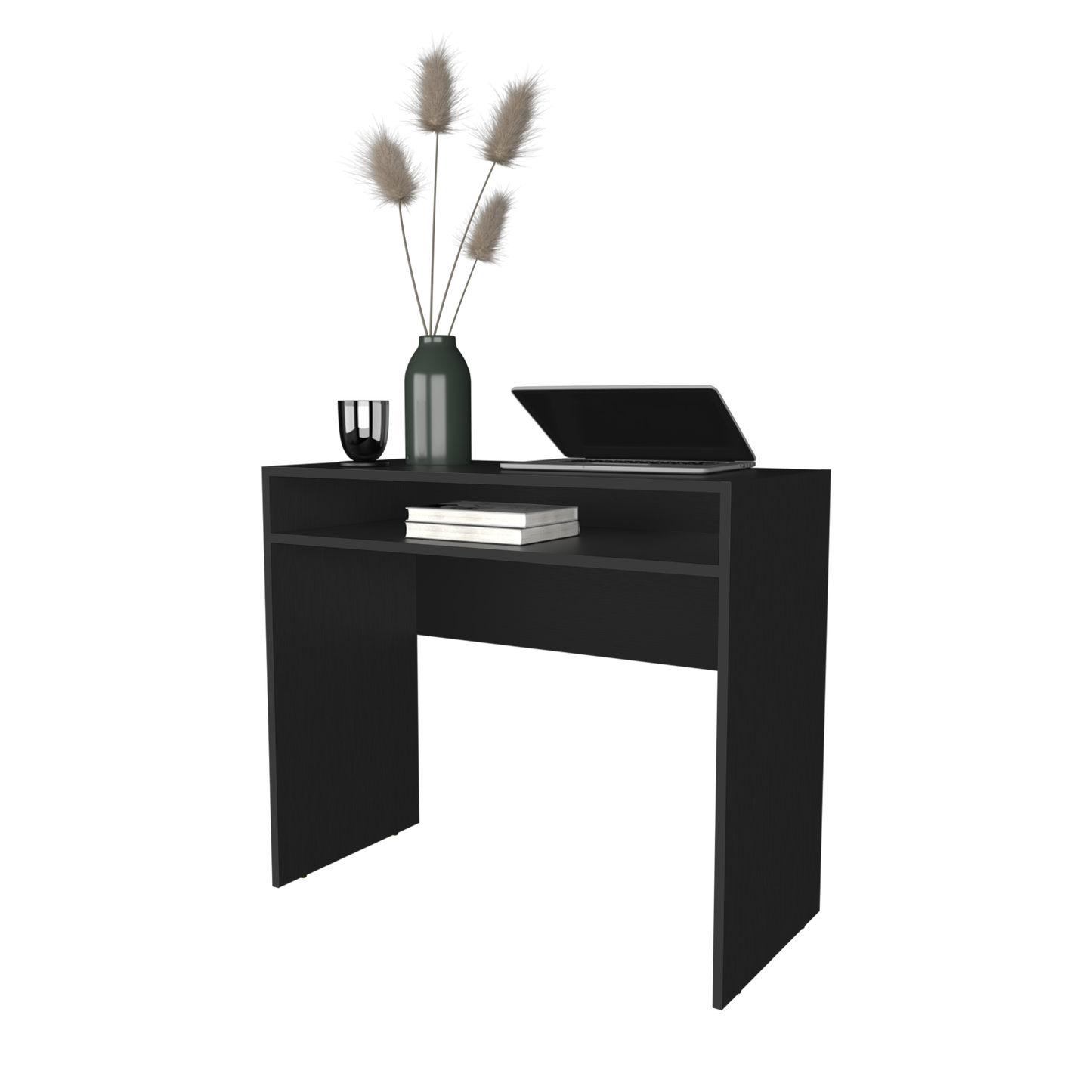 Sleek black writing desk with open shelving and geometric accent on the side