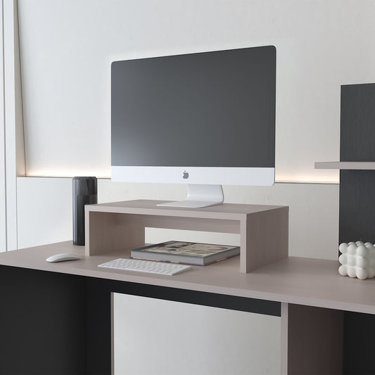 Minimalist light wood monitor stand organizing a desk with iMac keyboard mouse and book