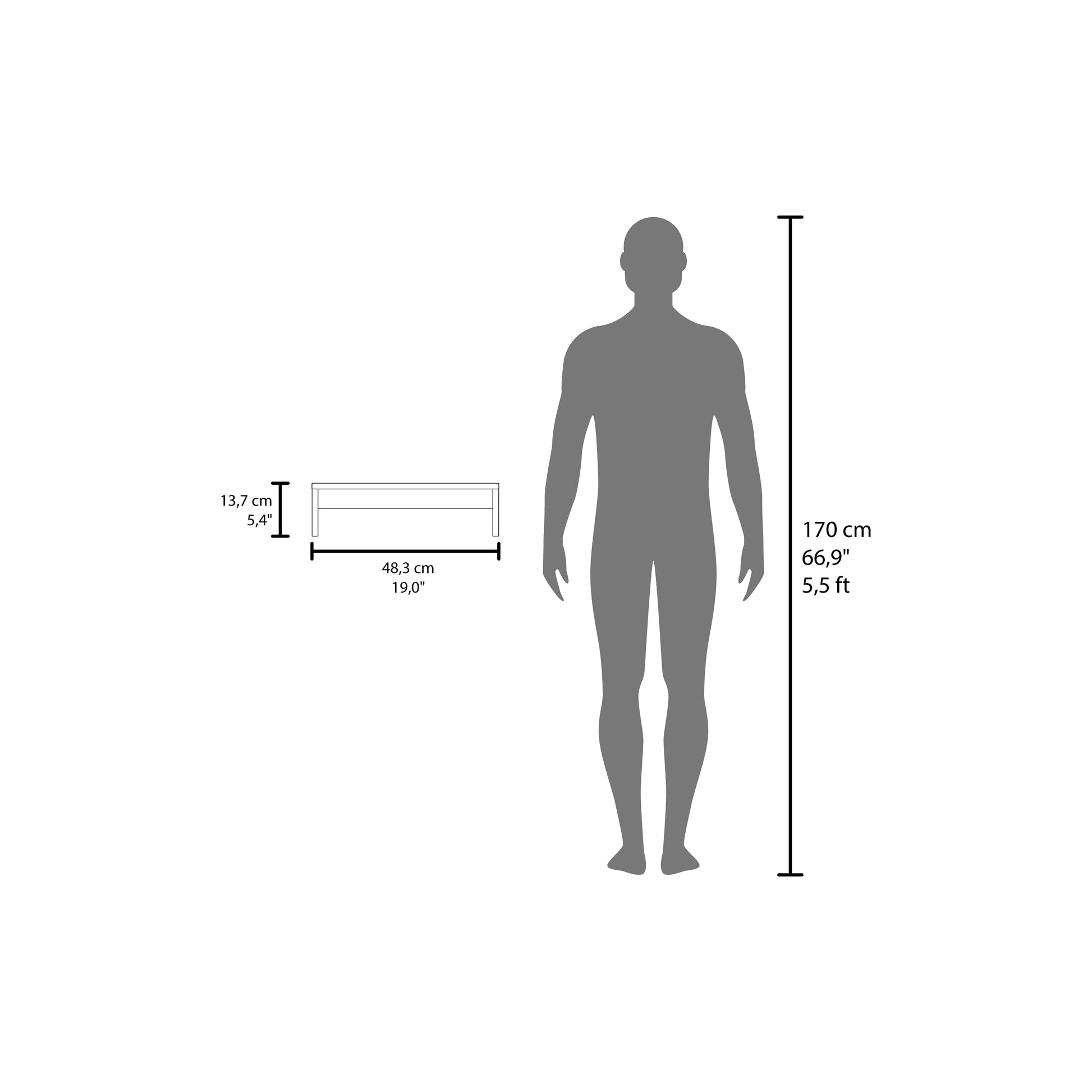 Diagram showing scale of a modern coffee table against a human silhouette