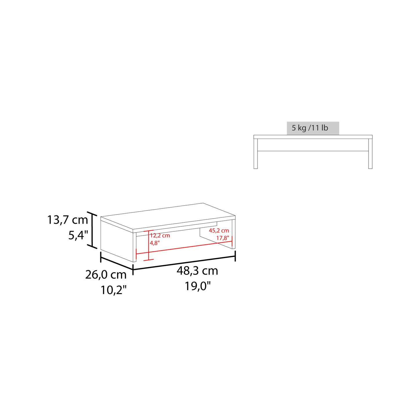 Simple white coffee table with dimensions cm L x cm W x cm H