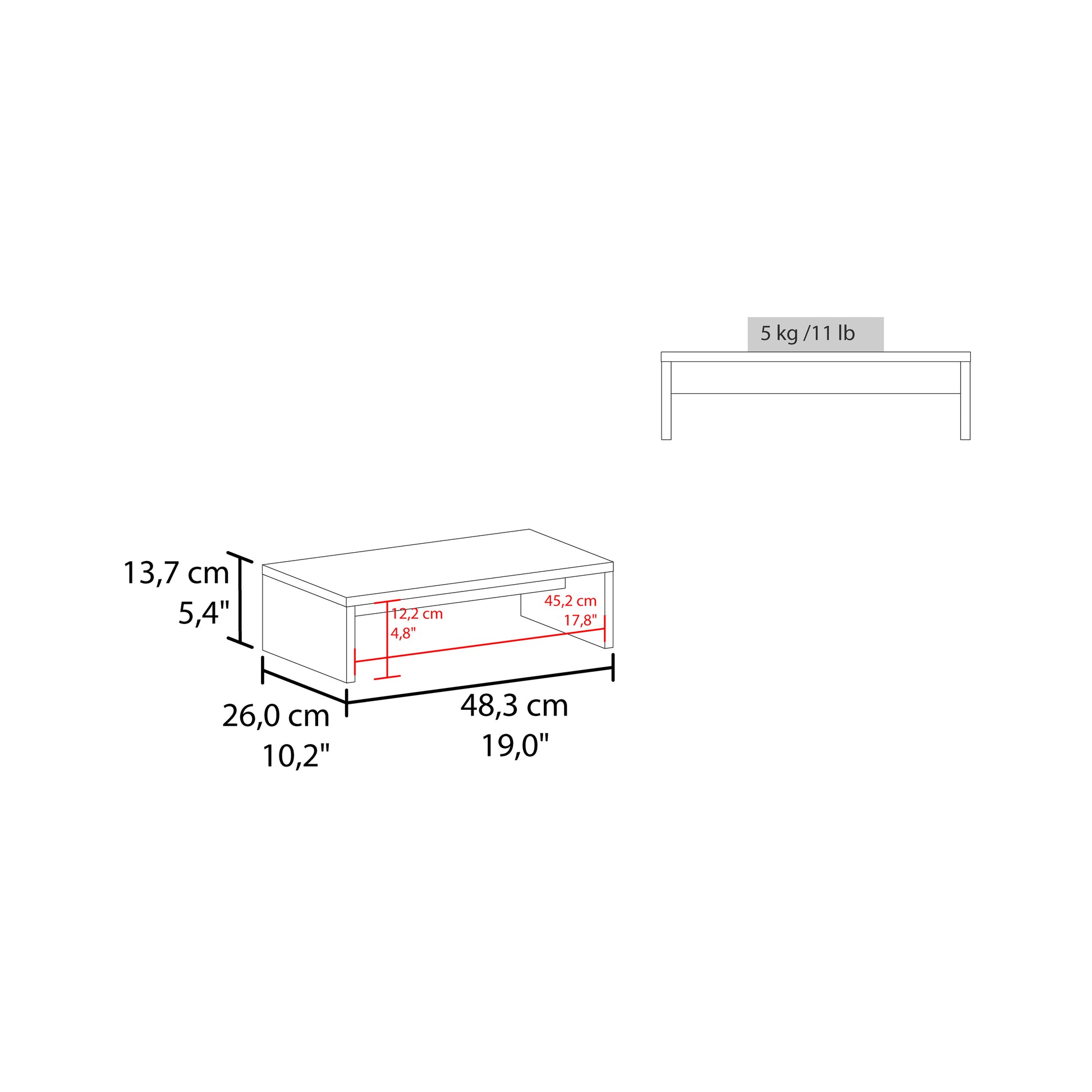 Simple white coffee table with dimensions cm L x cm W x cm H