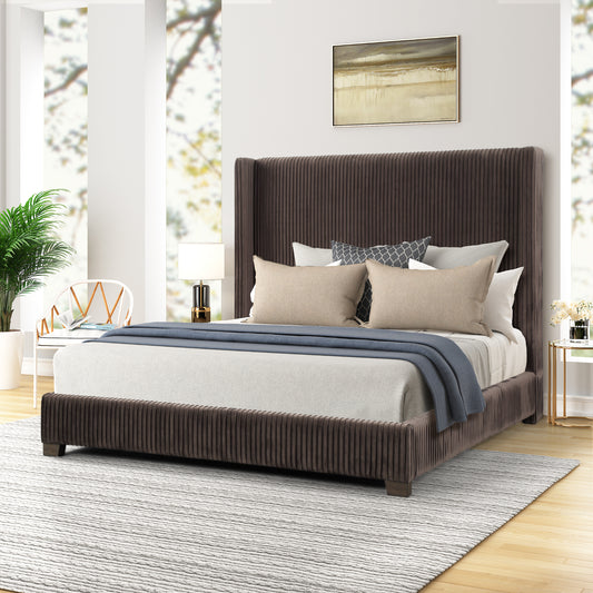 Plush dark brown velvet king bed with vertical channel tufting and wingback headboard