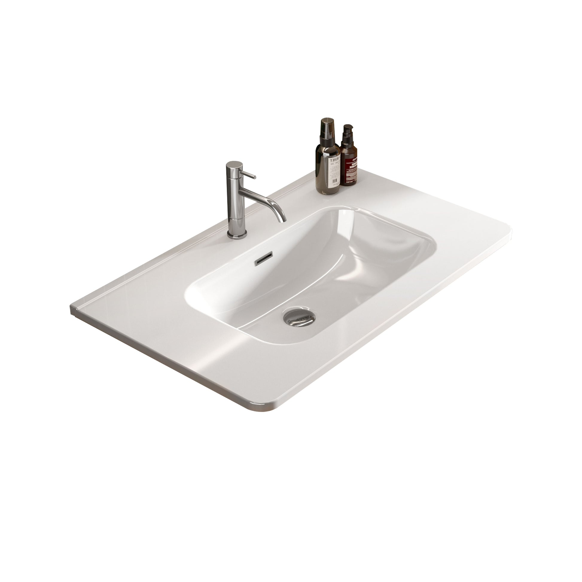 Modern rectangular white ceramic bathroom vanity sink with chrome faucet and drain