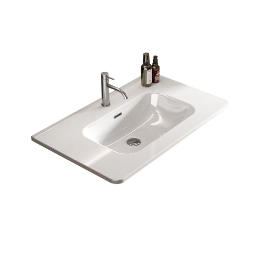 Modern rectangular white ceramic bathroom vanity sink with chrome faucet and drain
