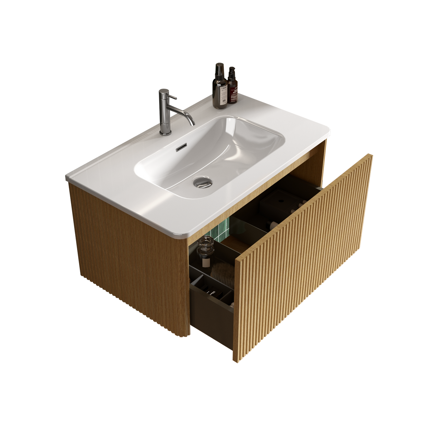 Modern wallmounted vanity with white basin chrome faucet and fluted wood cabinet