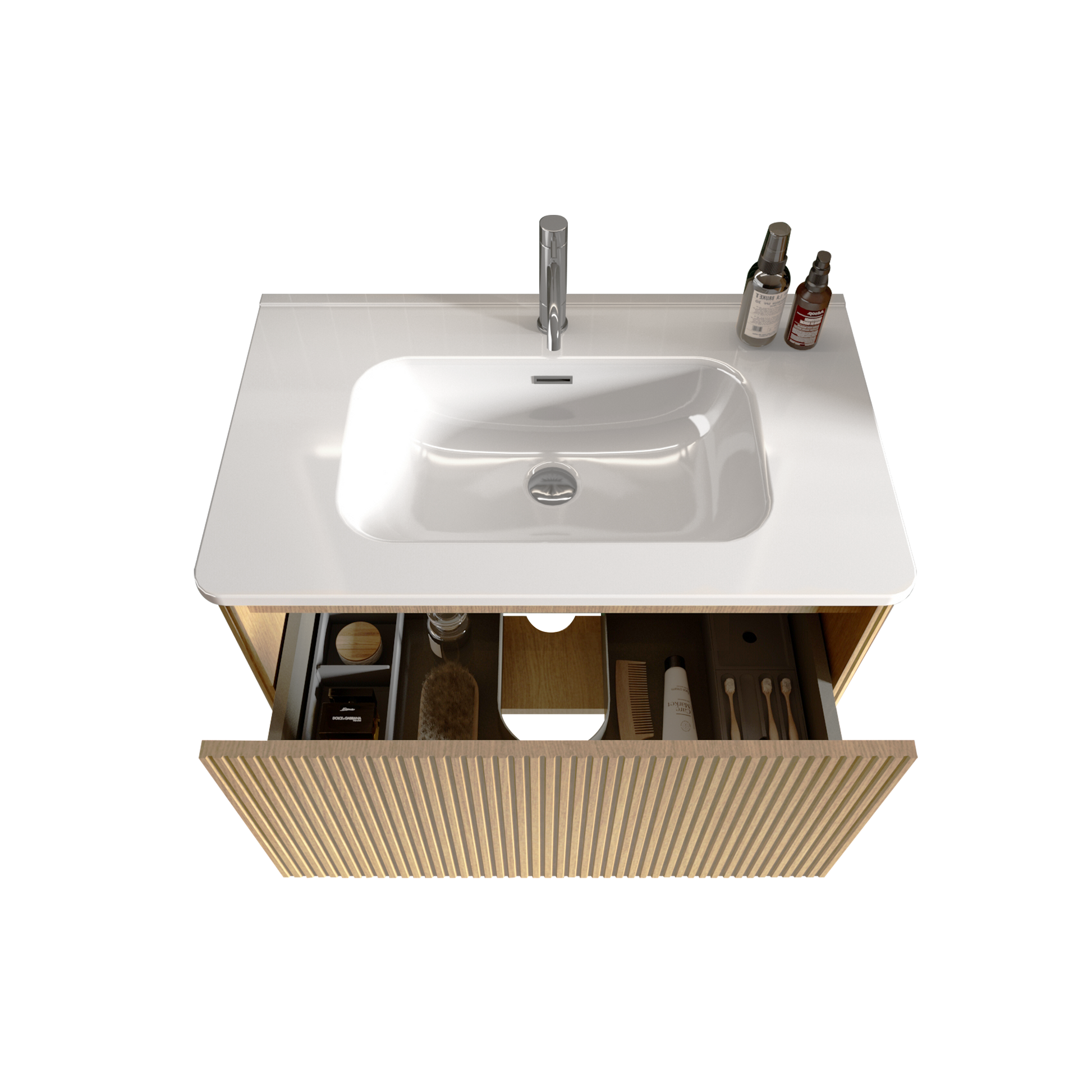 Modern white ceramic bathroom vanity with integrated sink and organized drawer