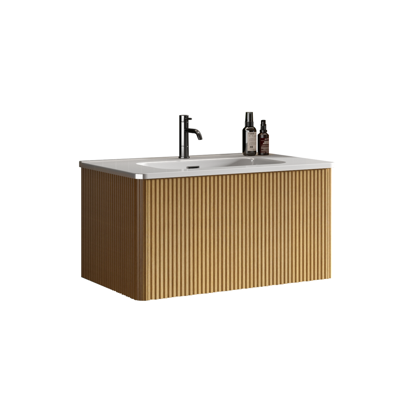 Modern wallmounted vanity with slatted oakeffect cabinet and white integrated sink