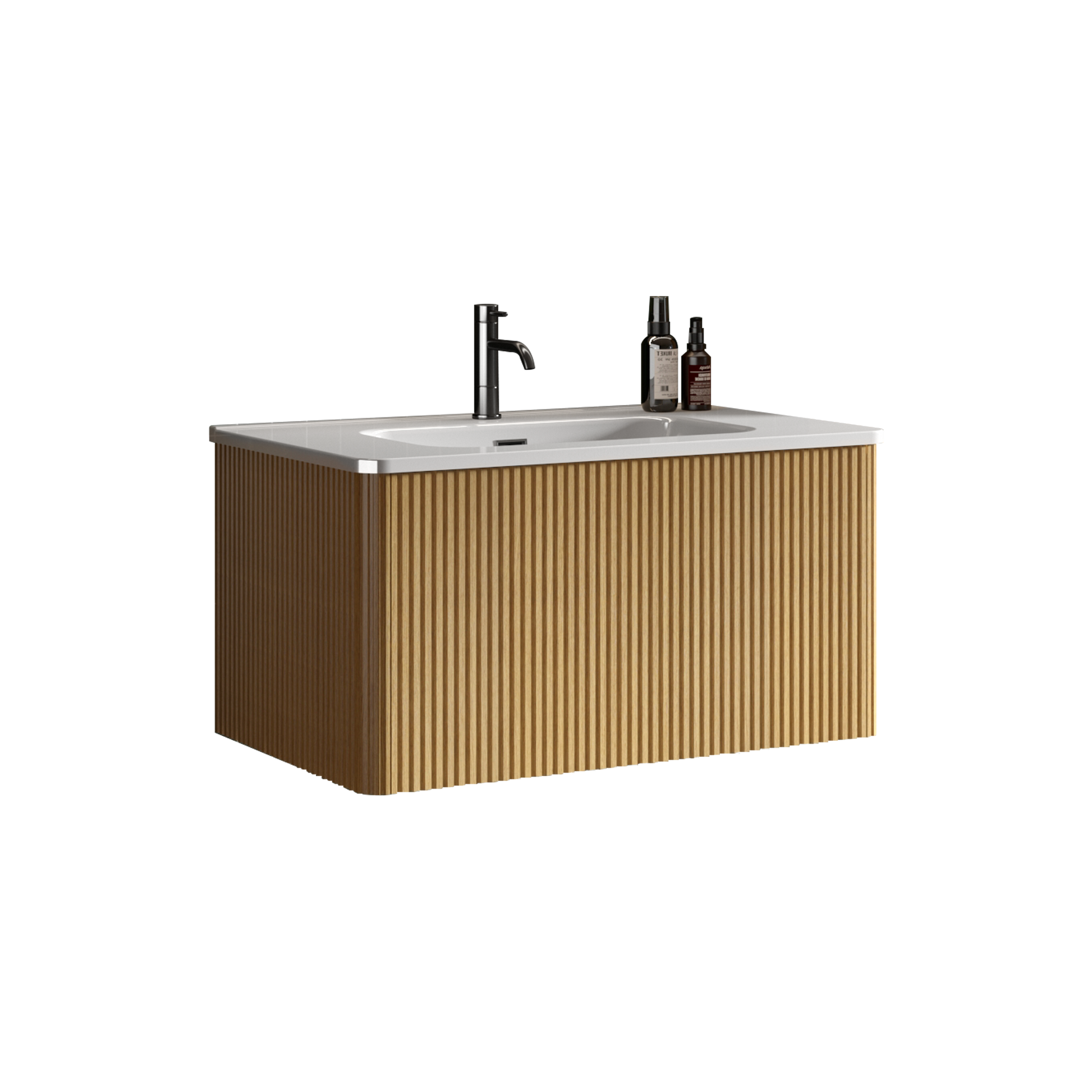 Modern wallmounted vanity with slatted oakeffect cabinet and white integrated sink