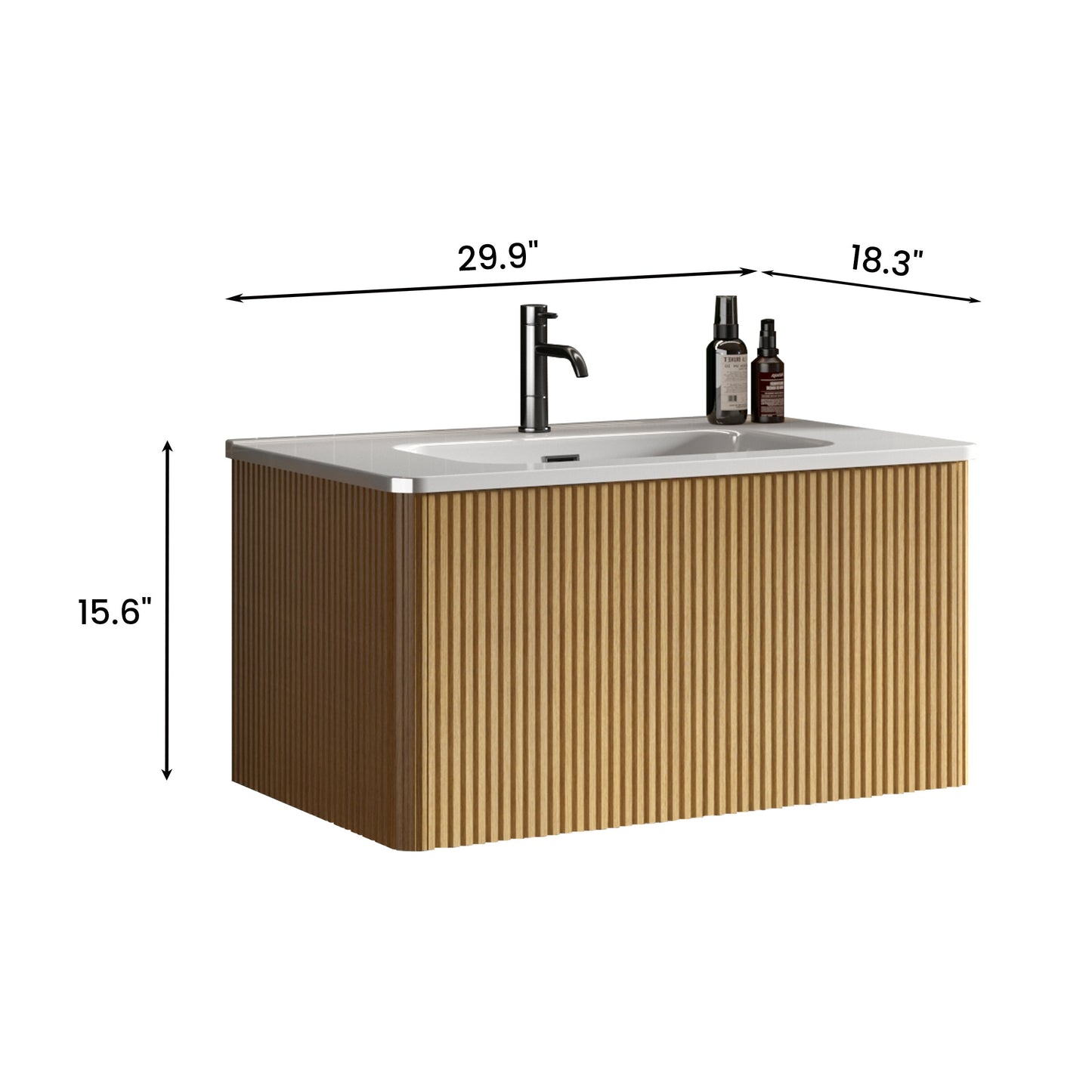 Modern oak veneer vanity with fluted design white ceramic sink and chrome faucet  wide