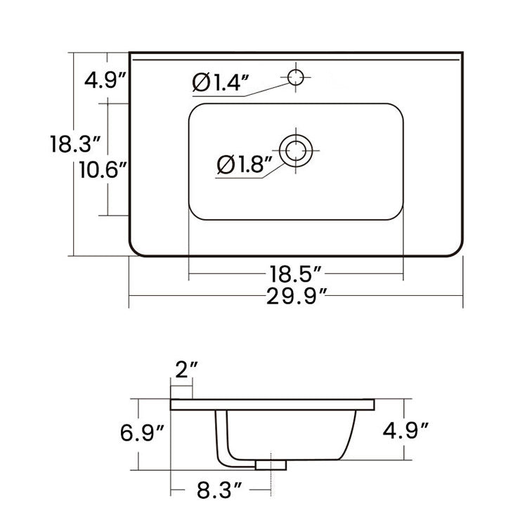 Diagram showing dimensions of a ceramic bathroom sink with single faucet hole and drain