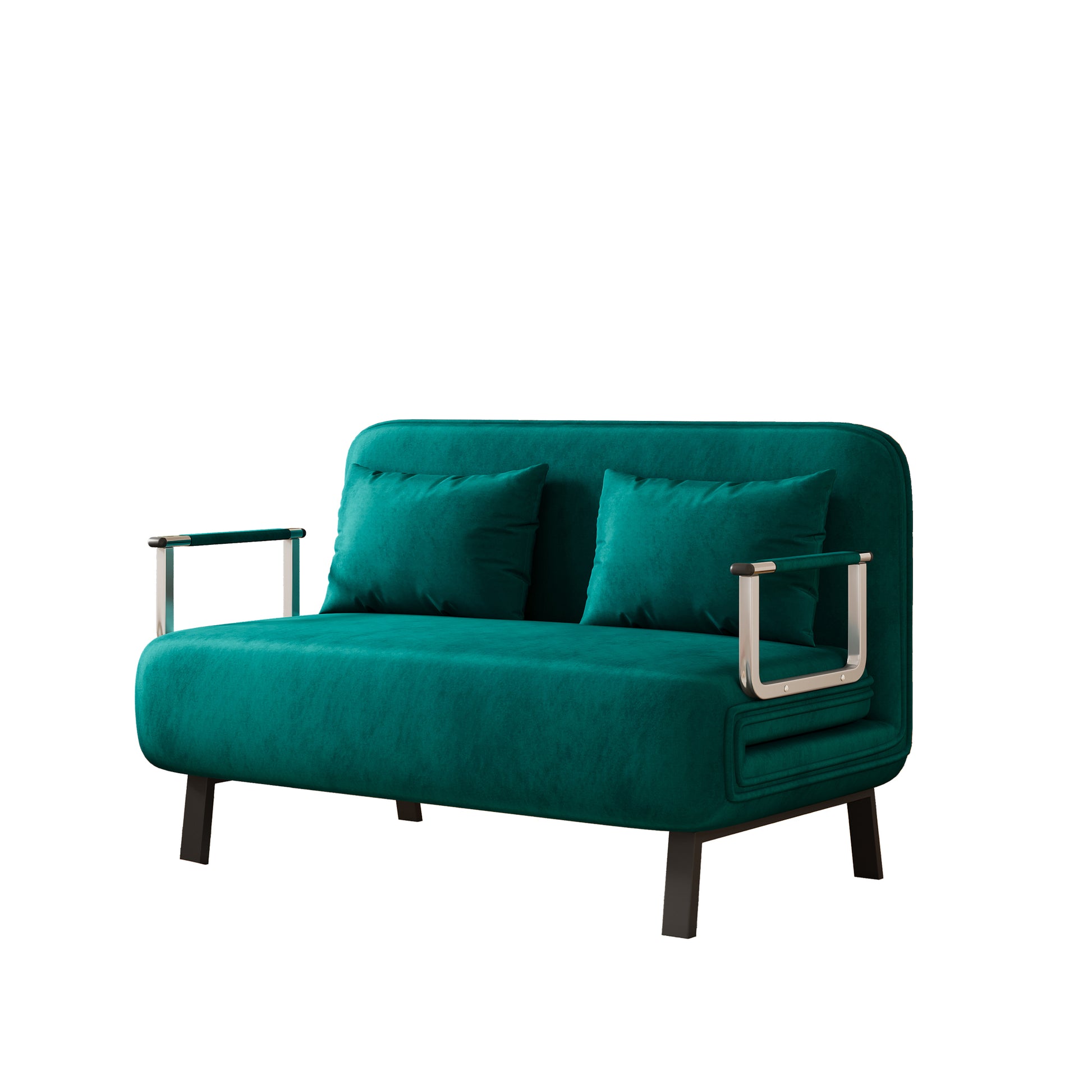 Teal velvet sofa bed with chrome armrests and two plush cushions perfect for small spaces