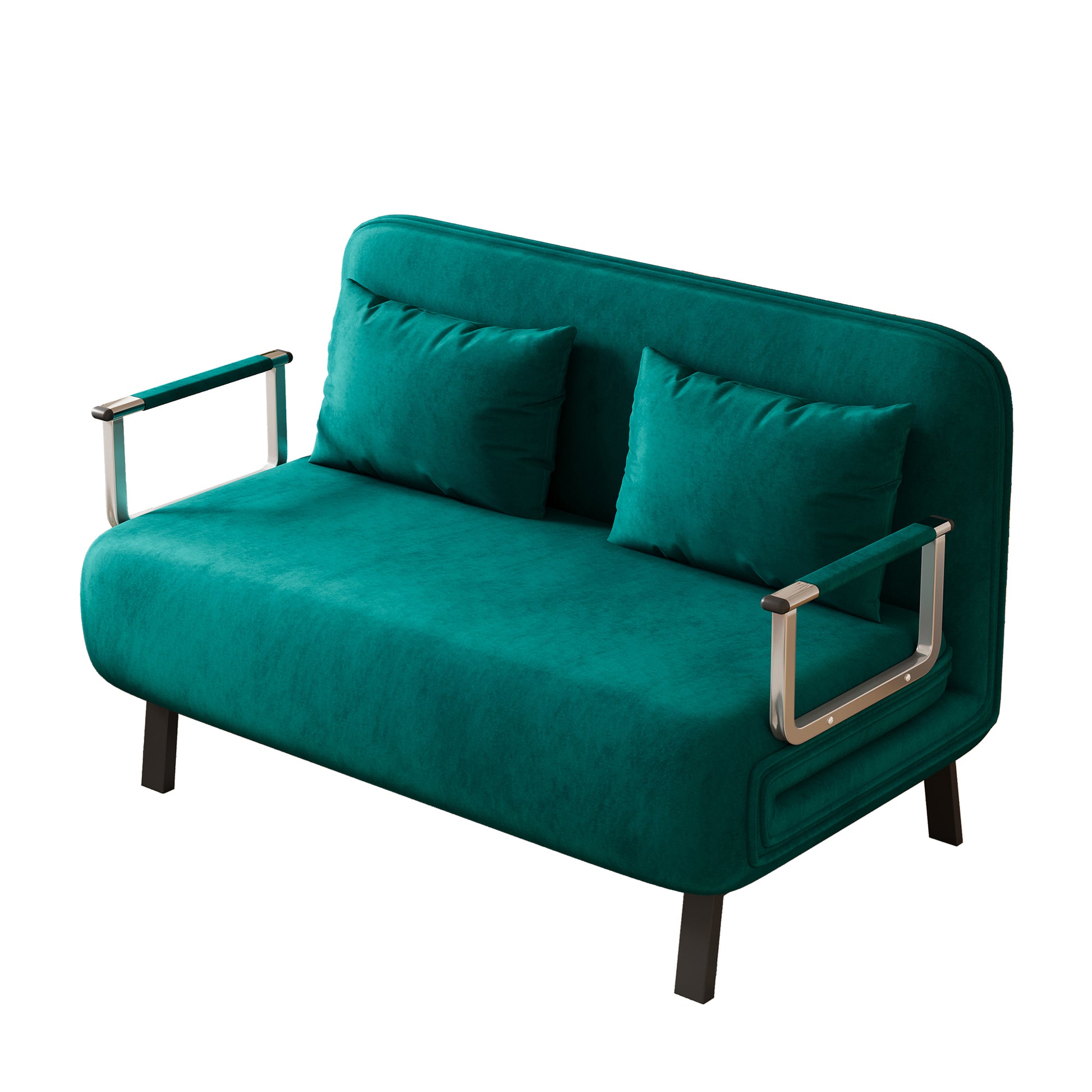 Emerald green velvet sofa with chrome armrests and two matching pillows