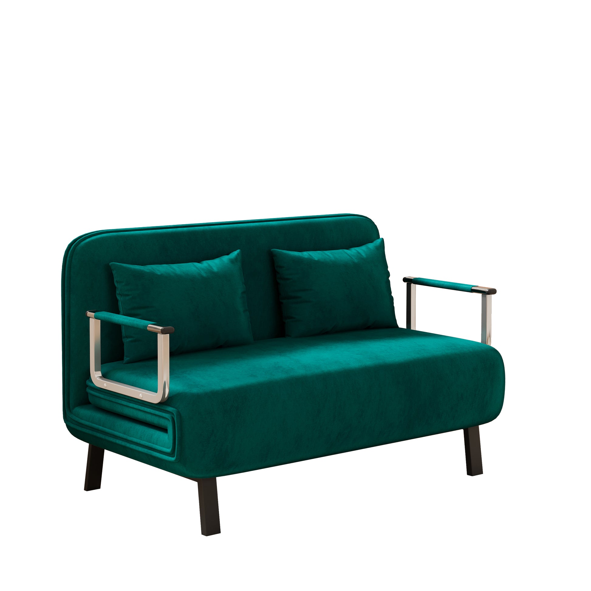 Teal velvet loveseat with chrome armrests and dark wooden legs for compact living spaces