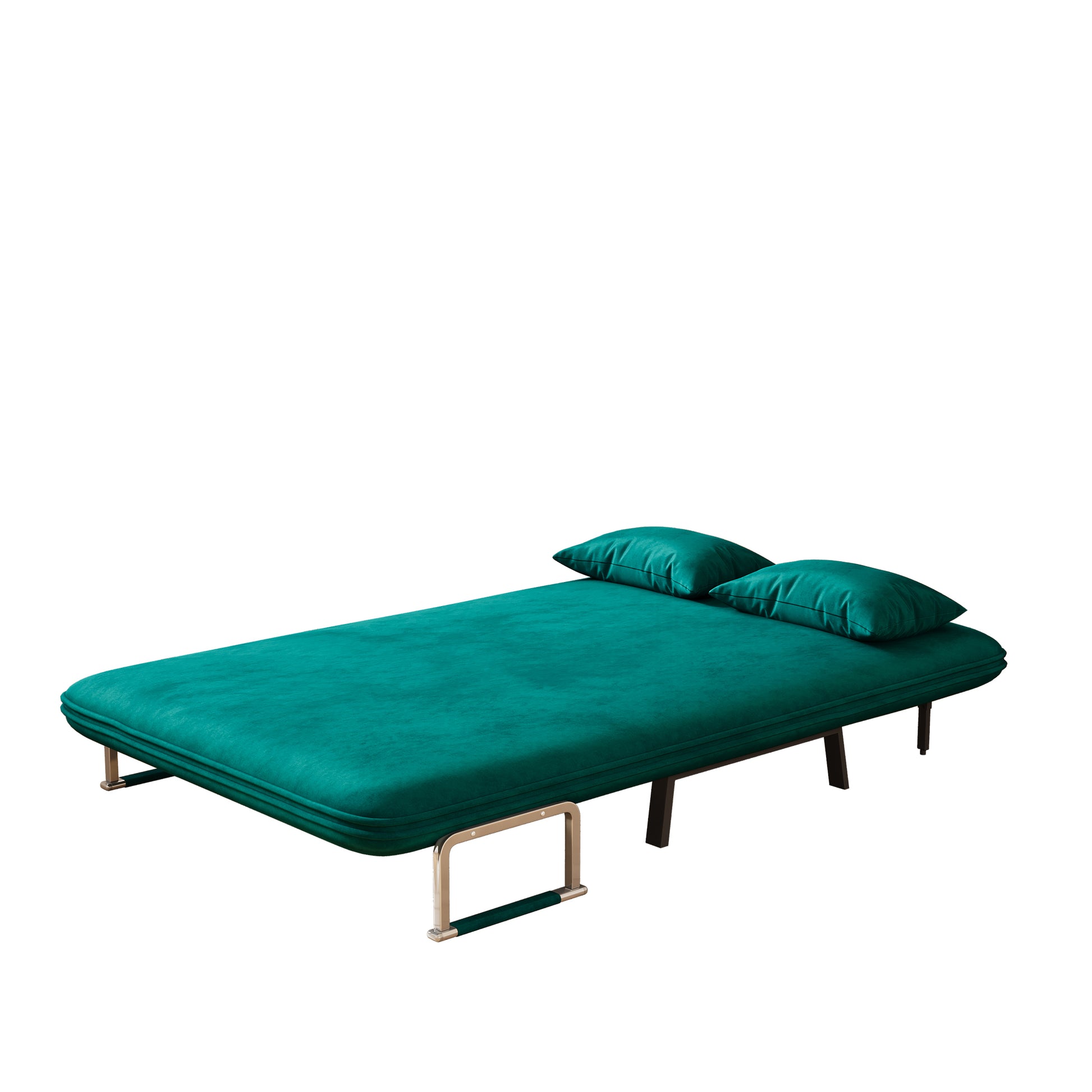 Teal velvet sofa bed with two matching pillows metallic frame and dark wooden legs