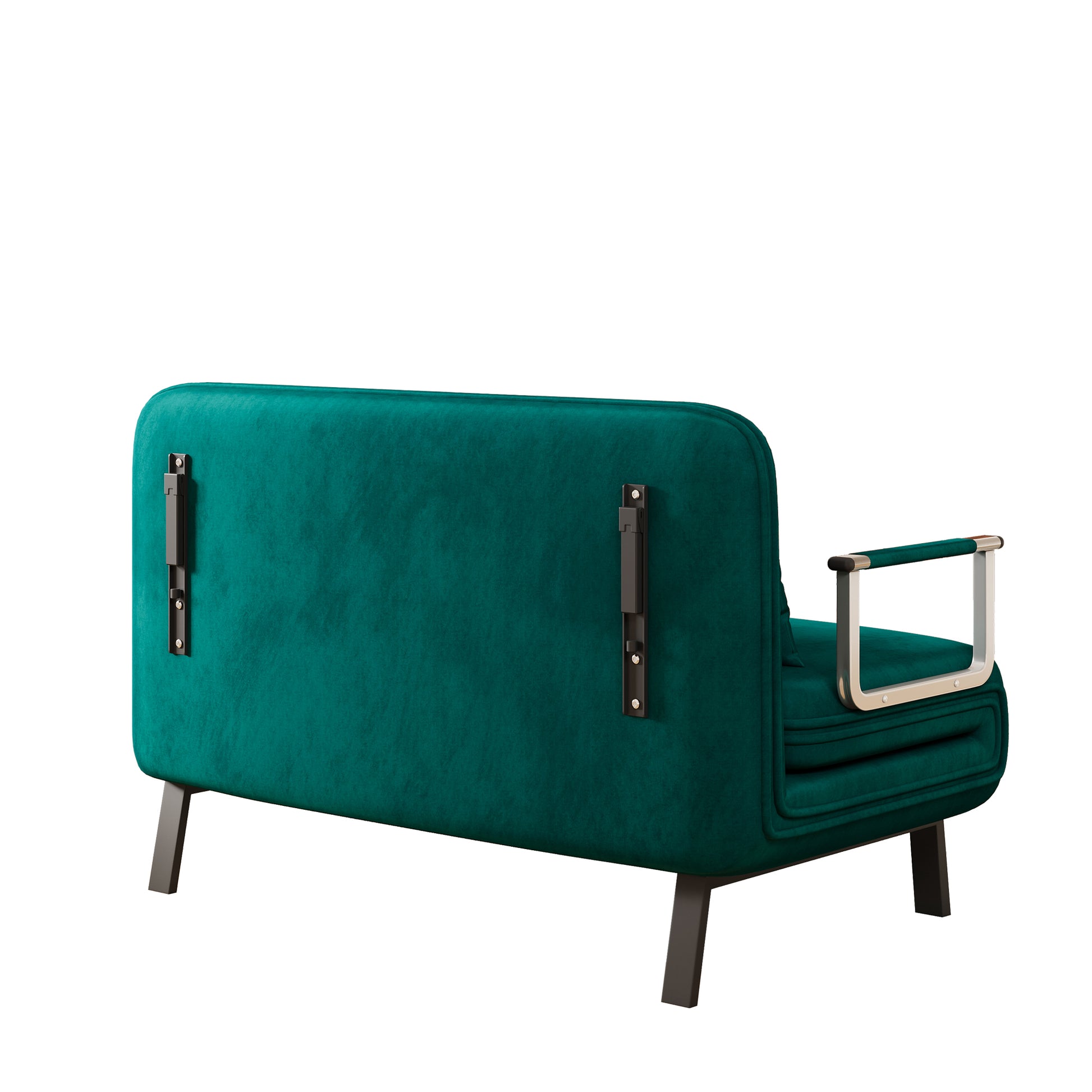 Back view of emerald green velvet sofa with chrome armrests and dark wood legs