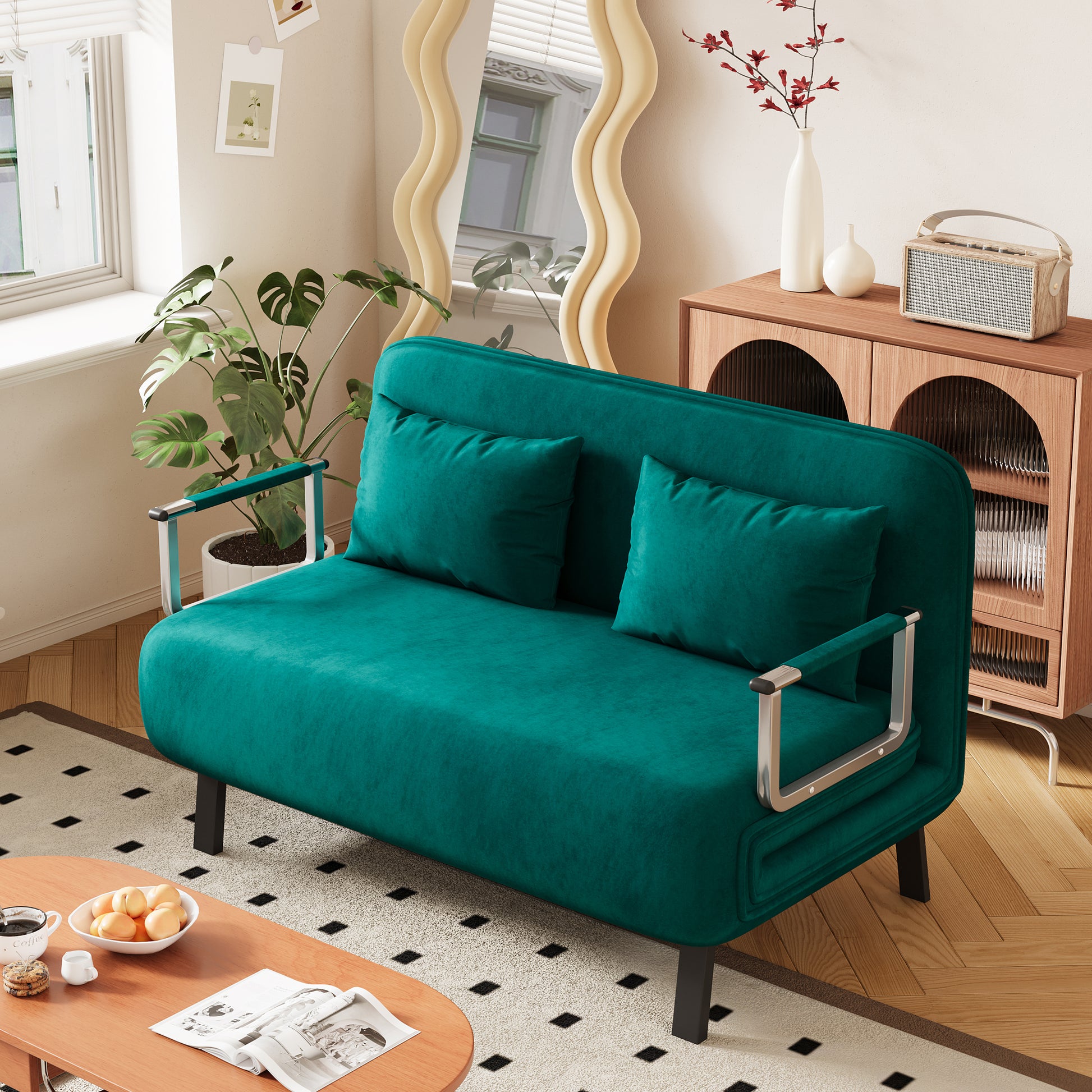 Teal velvet sofa bed with plush cushions modern design for compact living spaces