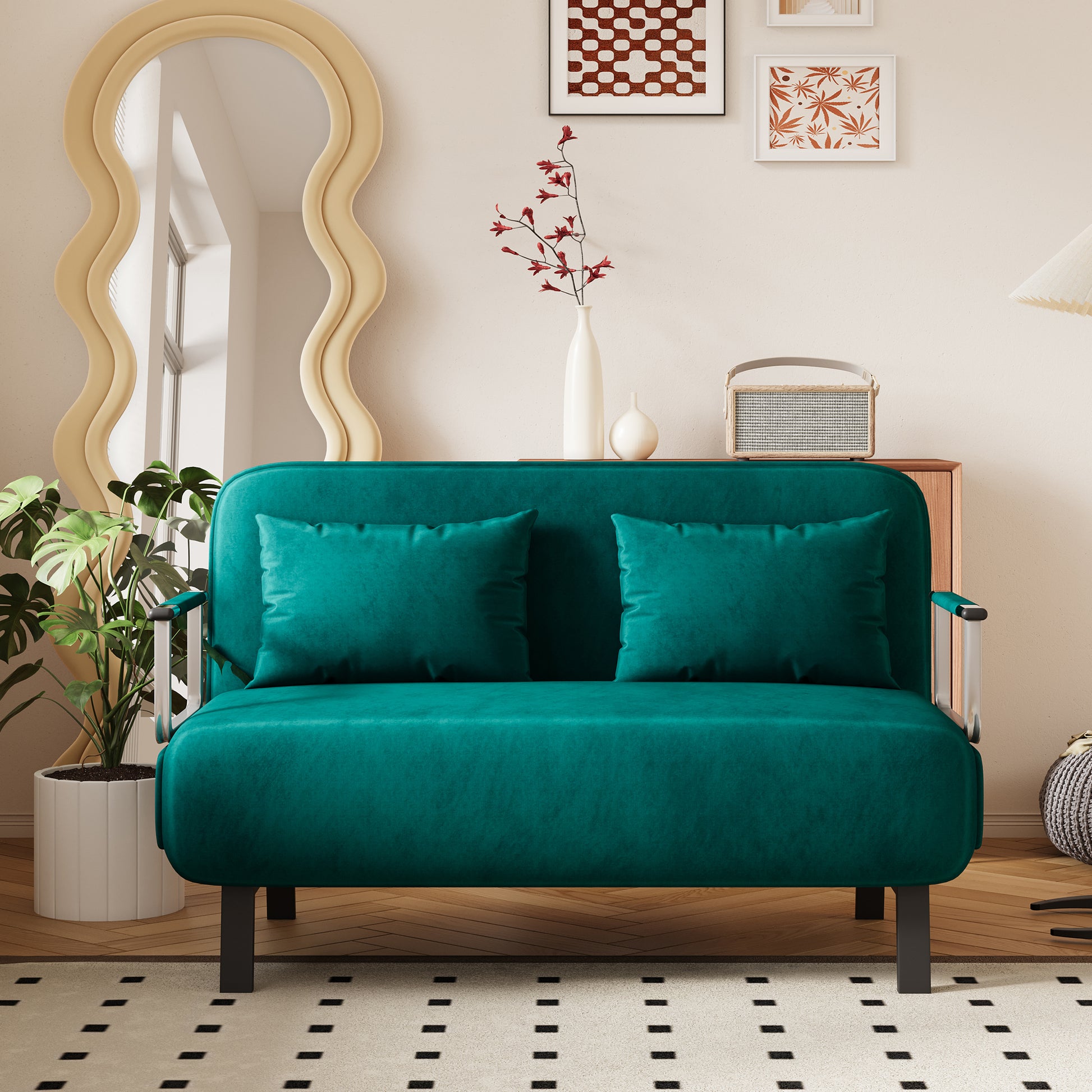 Teal velvet armchair with plush cushions and sleek metal arms for modern living rooms
