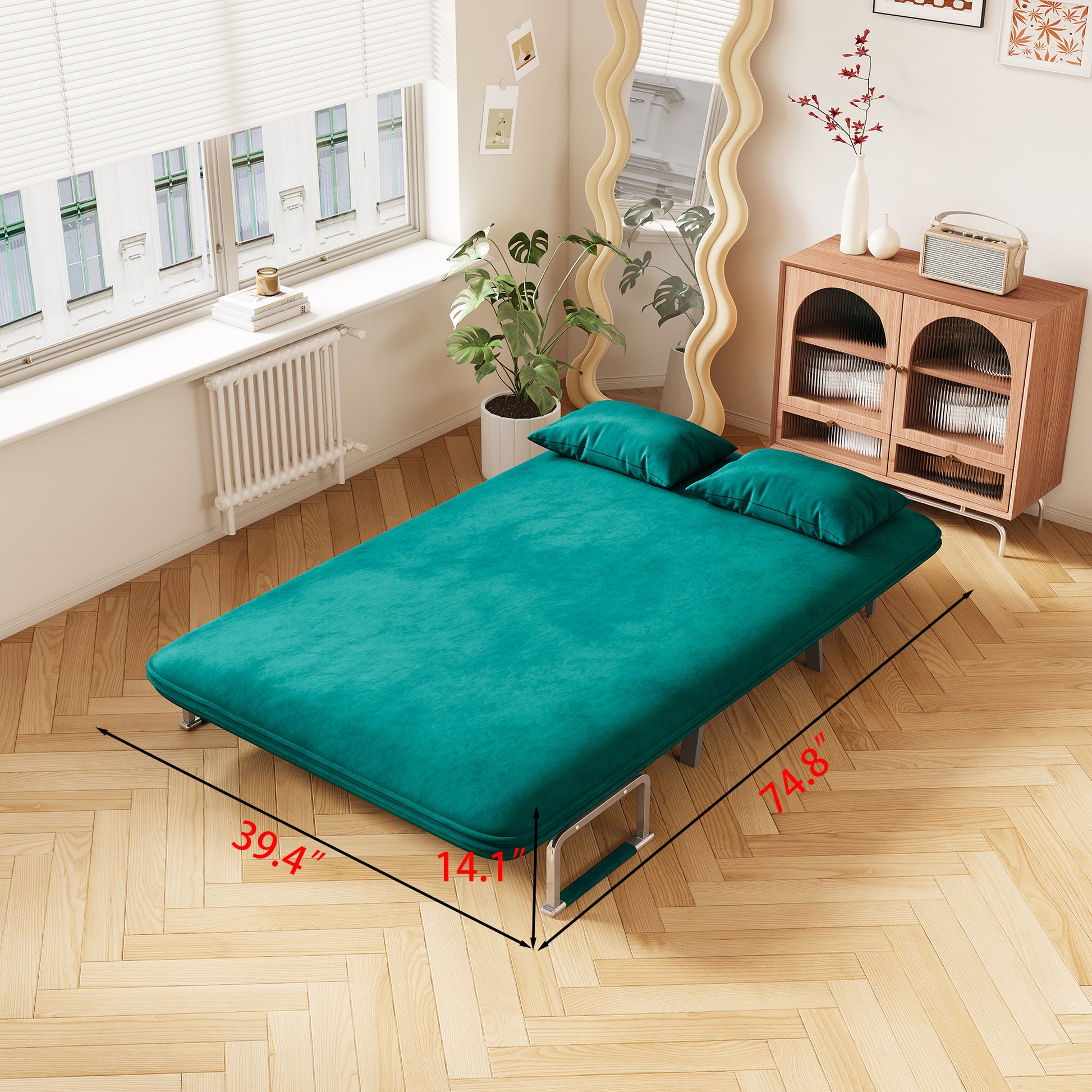 Teal velvet sofa bed with two matching pillows  length compact for small spaces