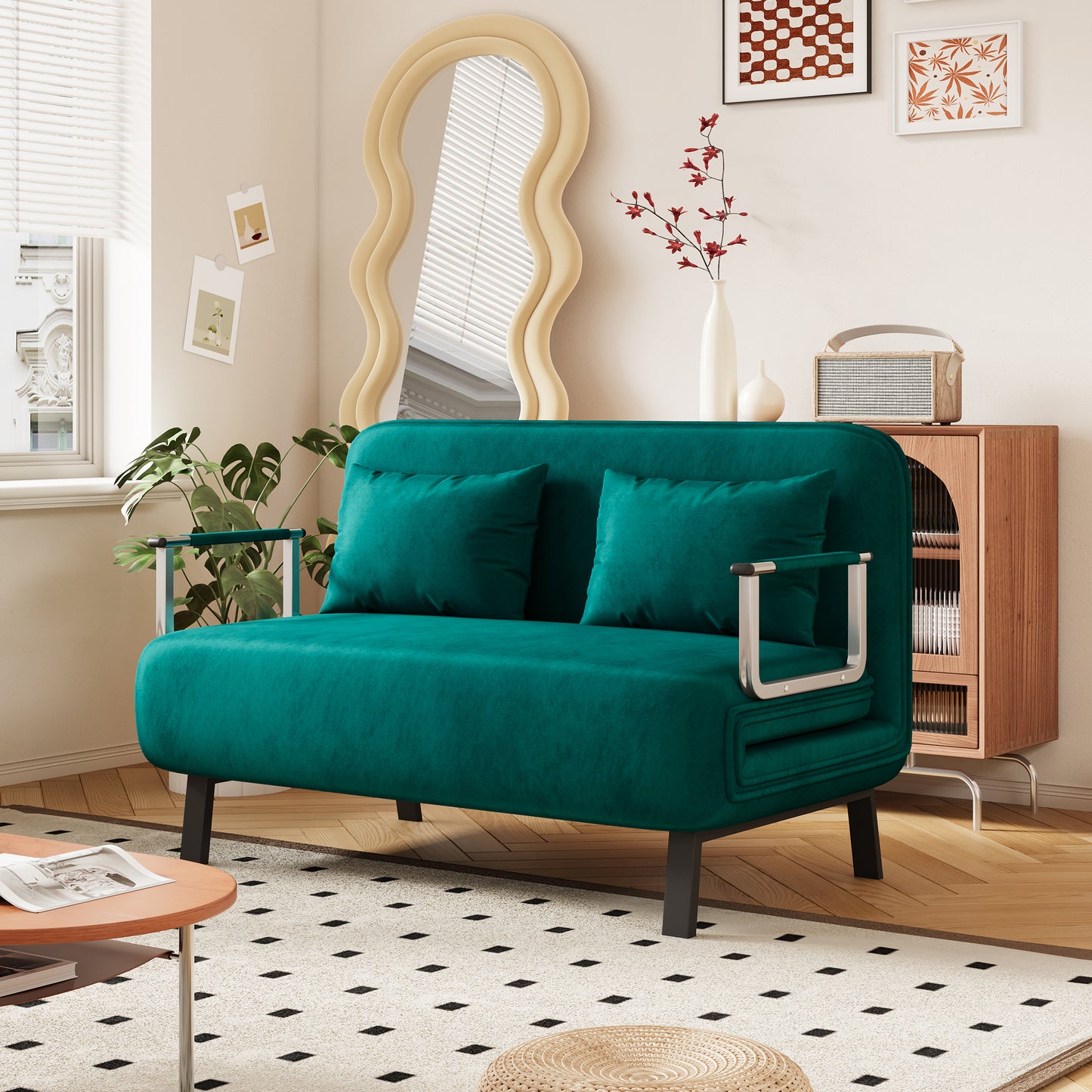 Teal velvet sofa with plush cushions and chrome armrests perfect for a modern living room