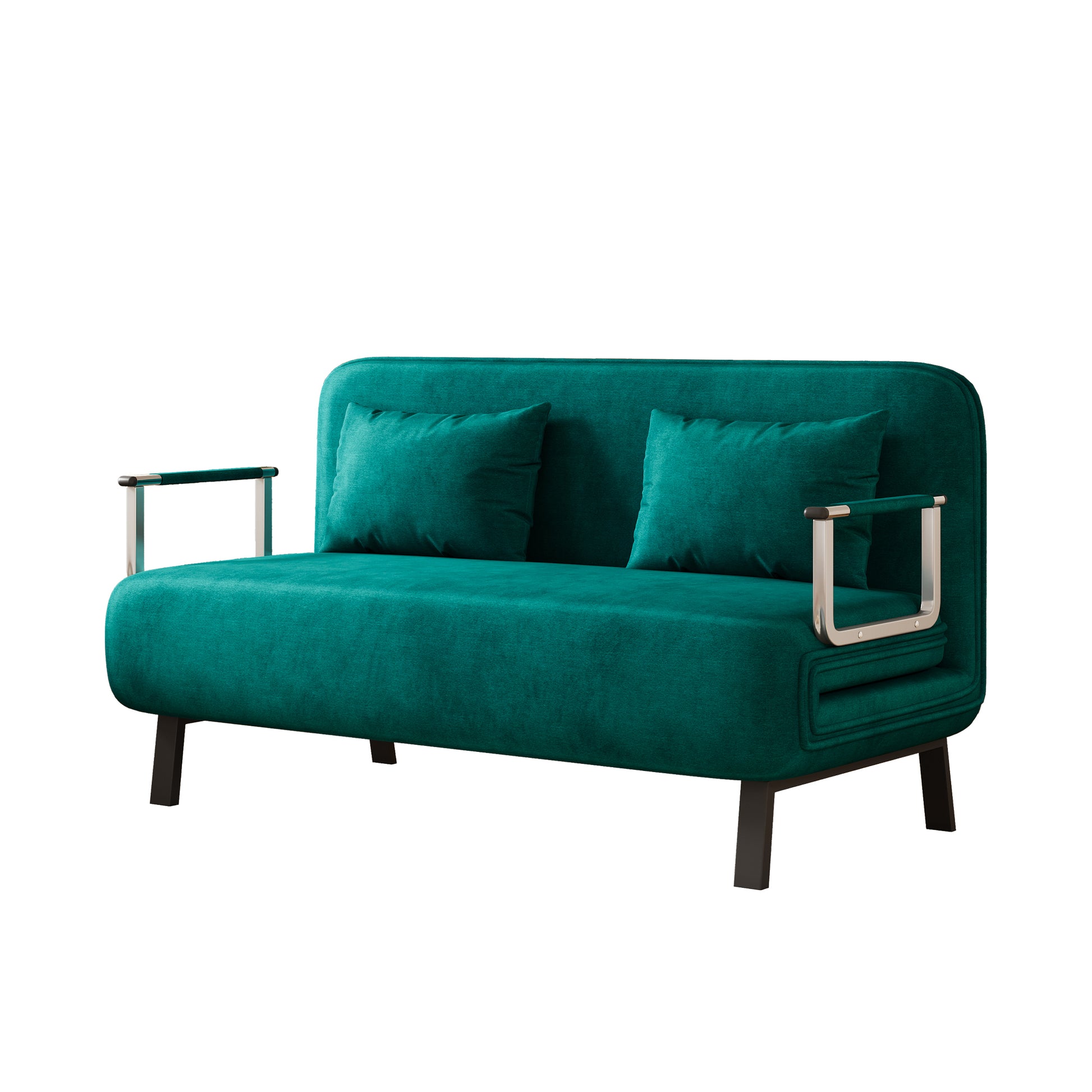 Teal velvet sofa with two matching throw pillows and polished metal armrests