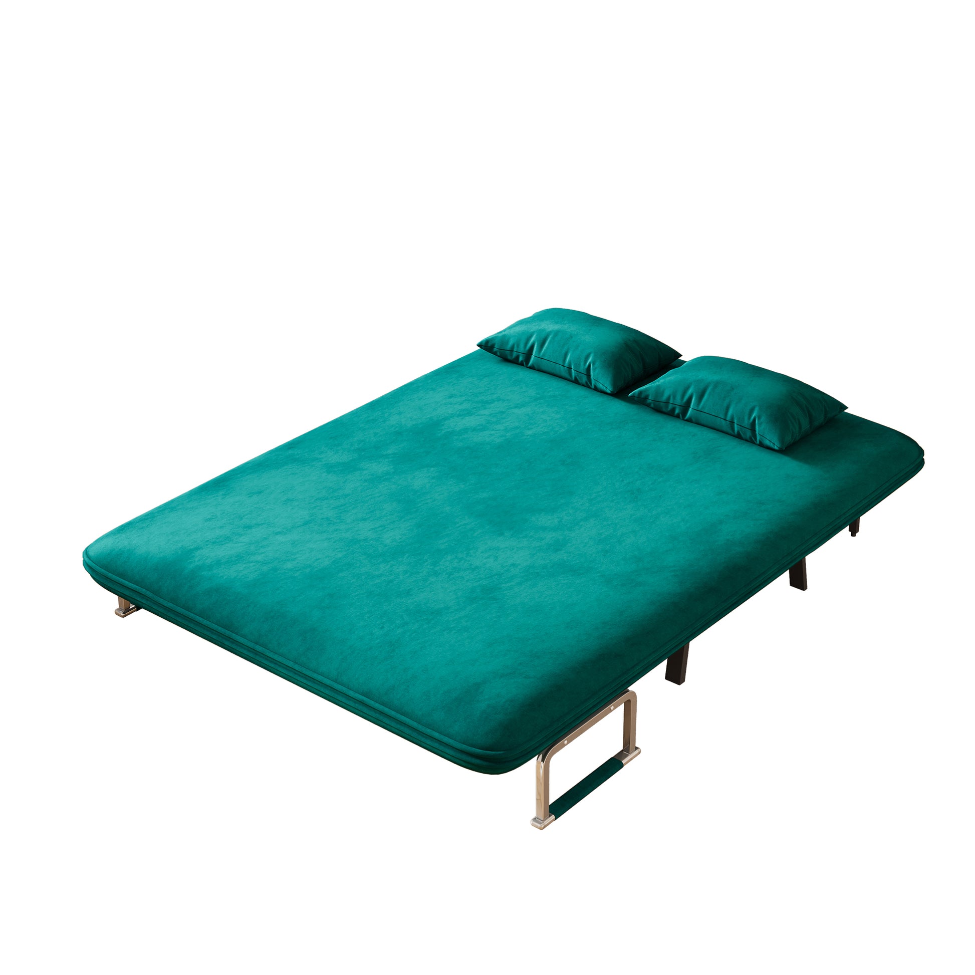 Teal velvet convertible sofa bed with two matching throw pillows