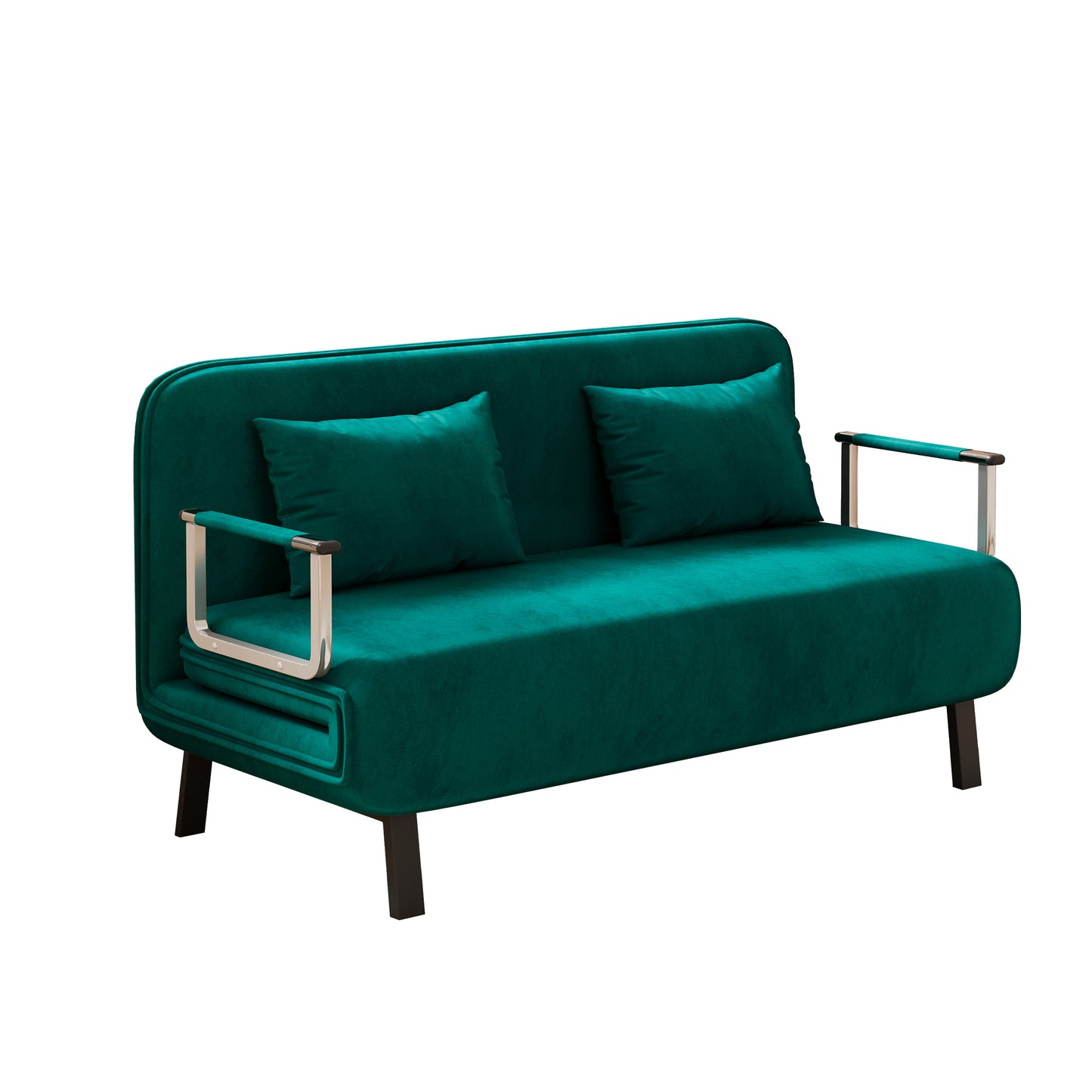 Emerald green velvet loveseat with two throw pillows and chrome arms
