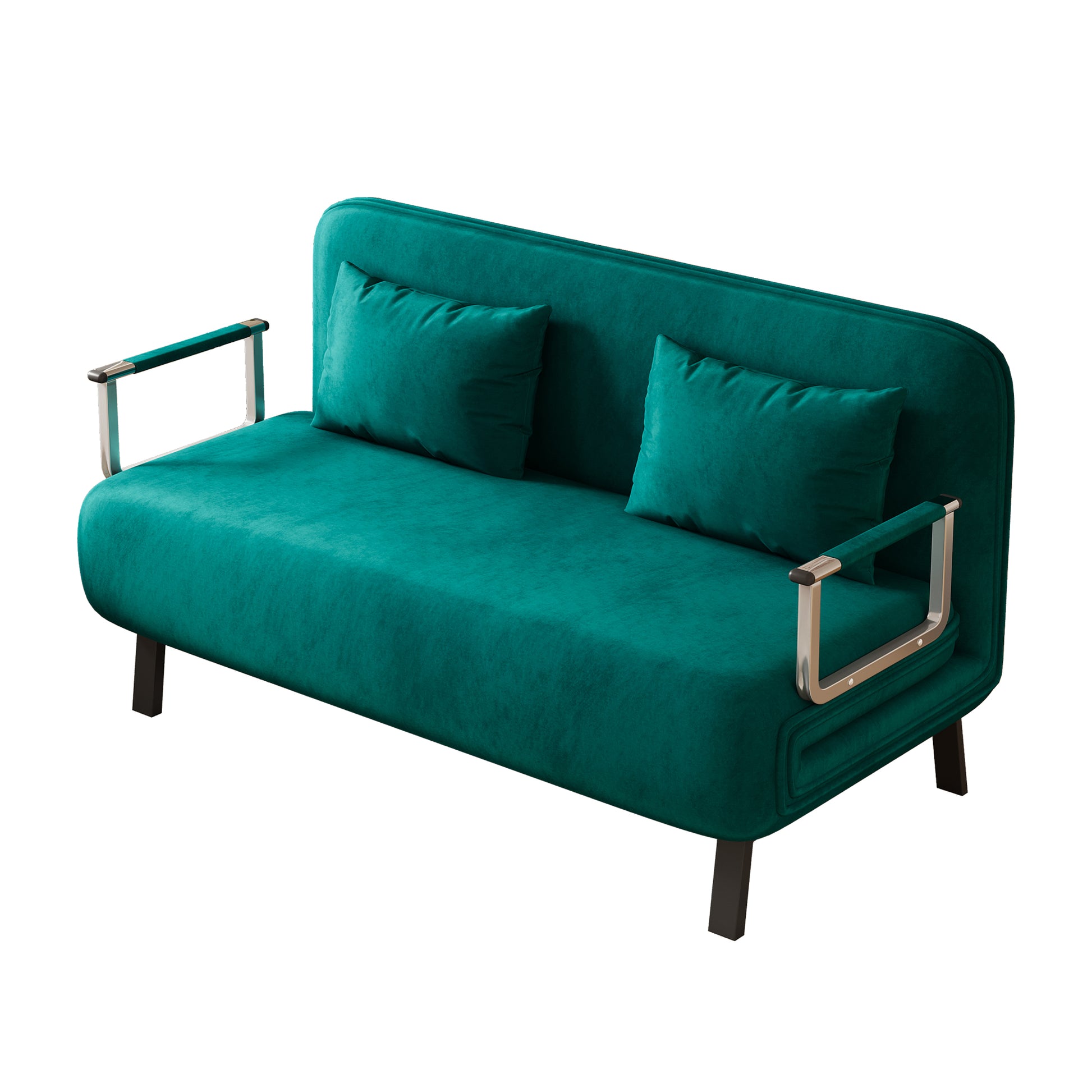Teal velvet sofa with chrome arms and two matching throw pillows modern design