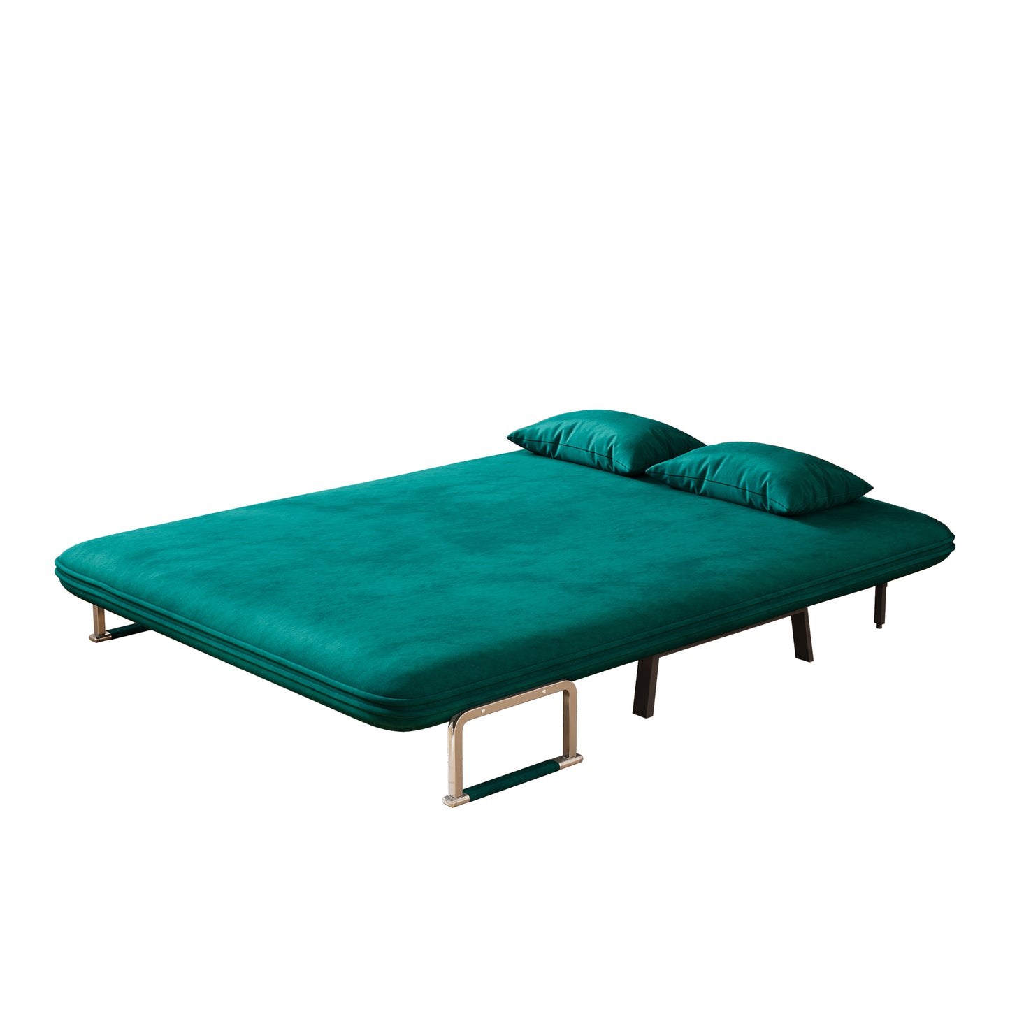 Turquoise velvet sofa bed with two plush pillows extended frame ready for use