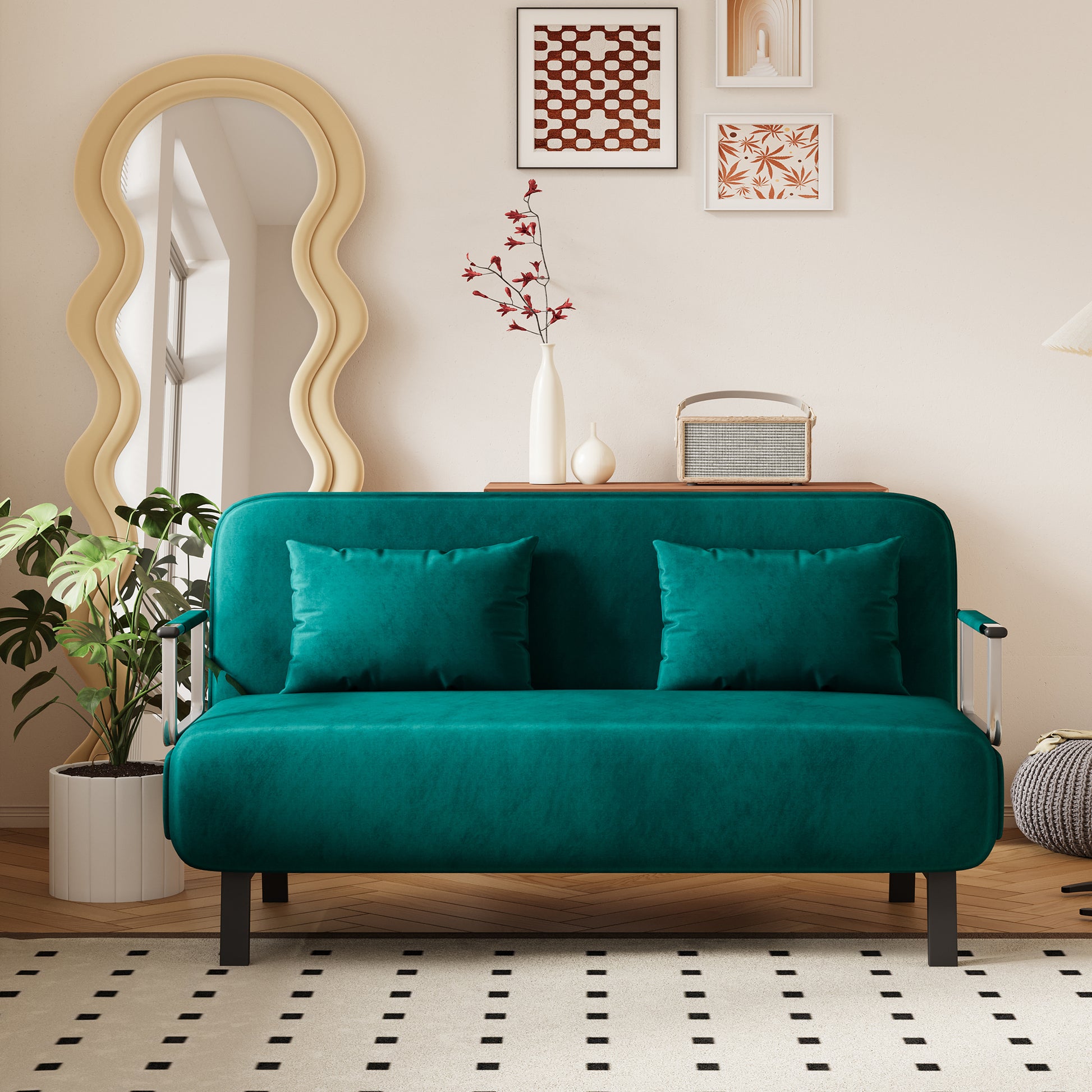 Emerald green velvet sofa with two plush throw pillows modern minimalist style
