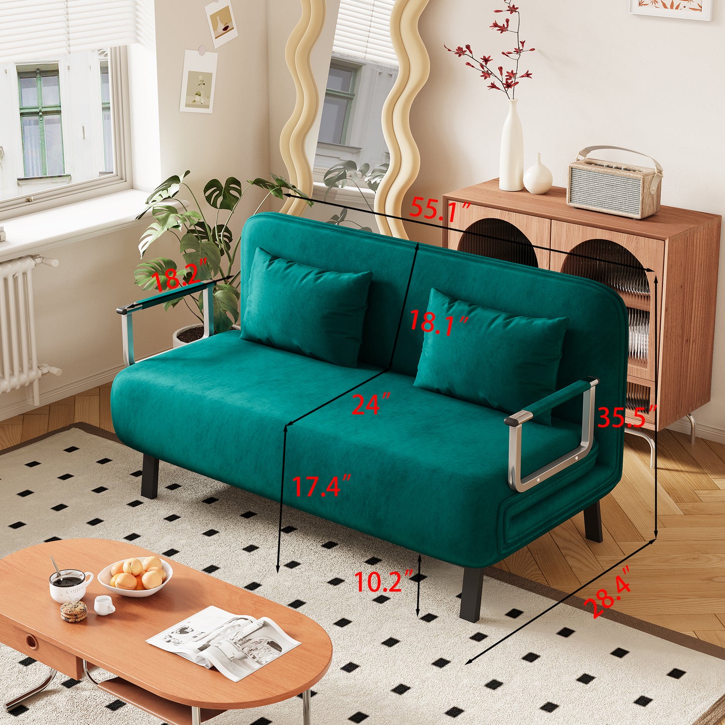Teal velvet futon sofa with modern chrome accents and plush cushions perfect for small apartments