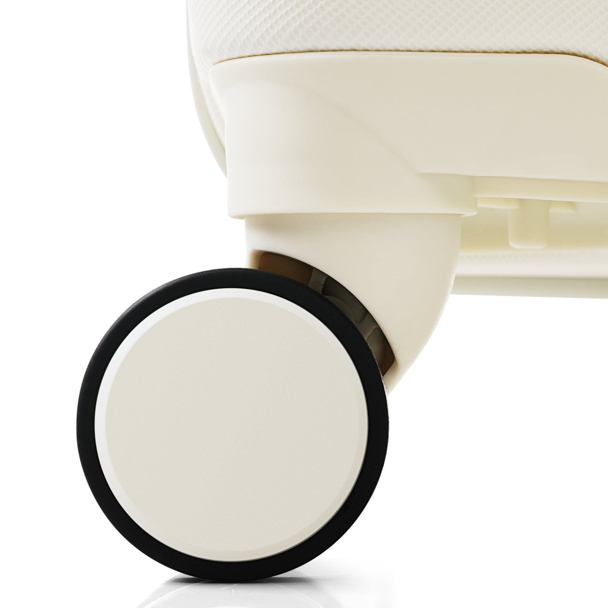 Cream luggage spinner wheel with black trim on white background
