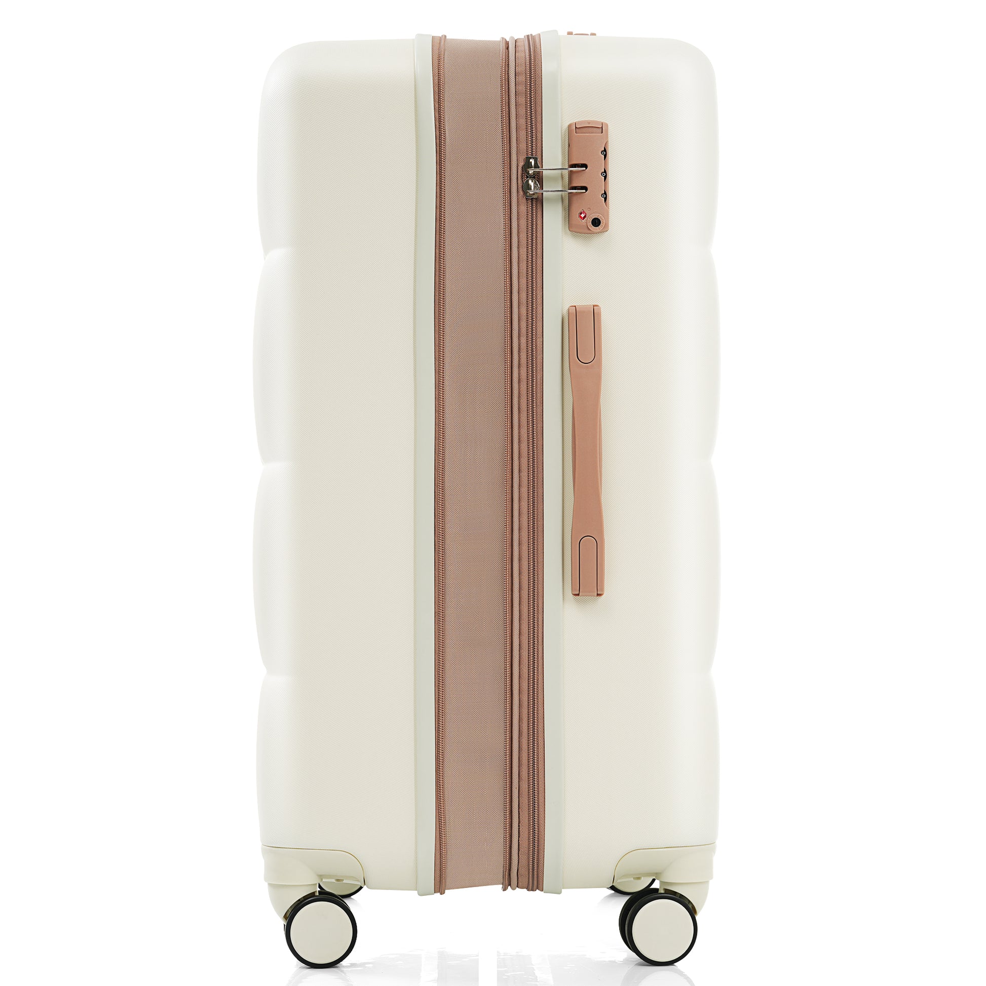 Cream hardshell carryon suitcase with rose gold accents and TSA lock