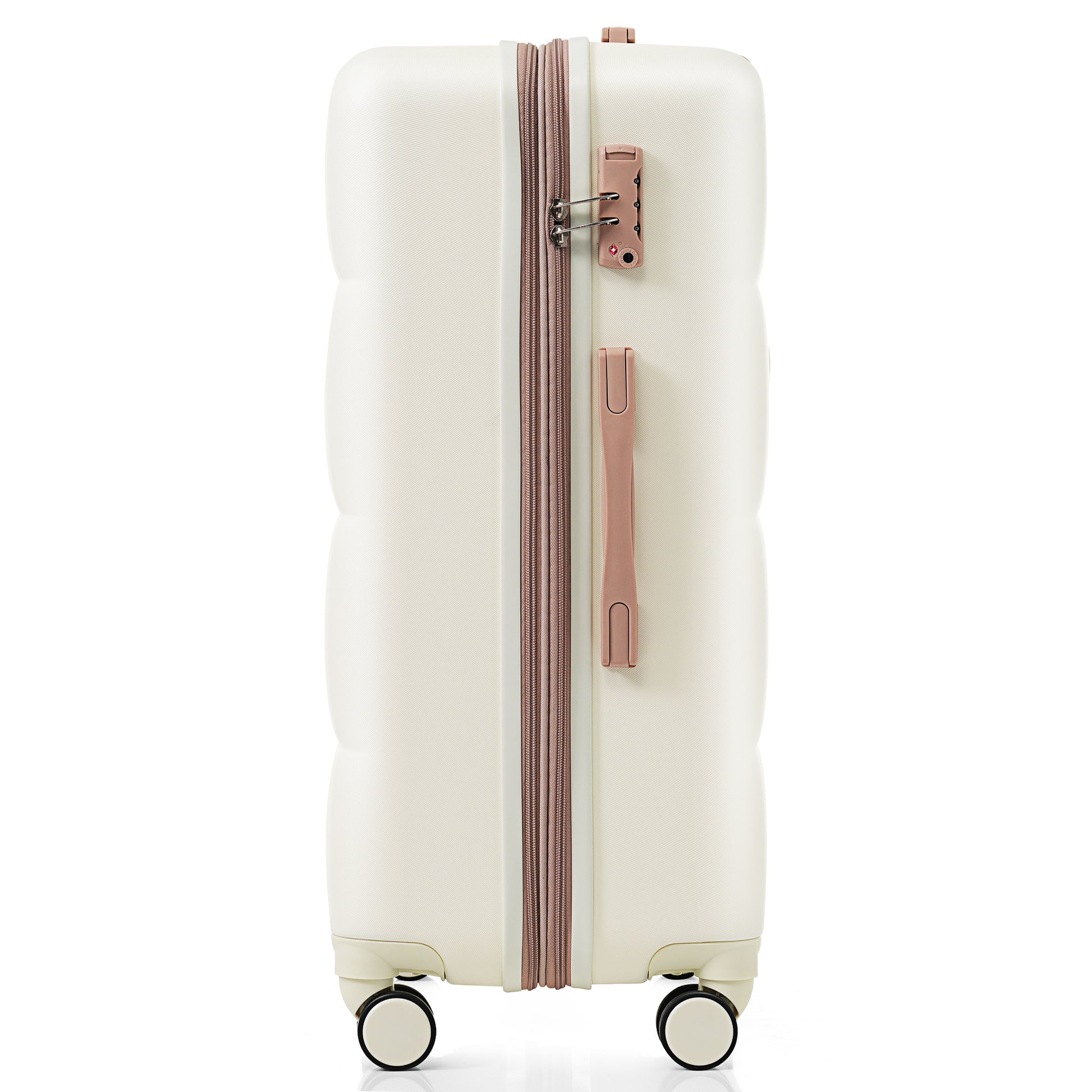 Cream hardshell suitcase with rose gold zipper and TSA lock