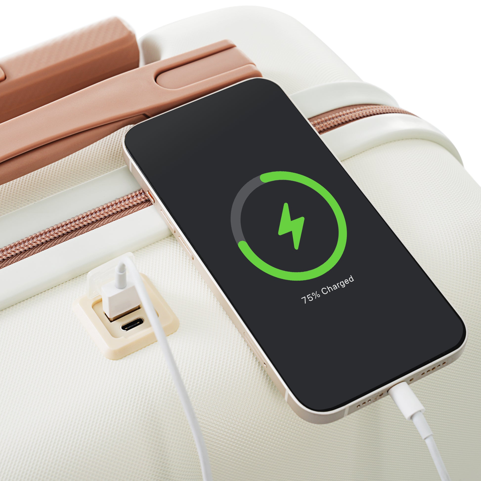 White carryon suitcase with rose gold accents and integrated USB charging port charging smartphone
