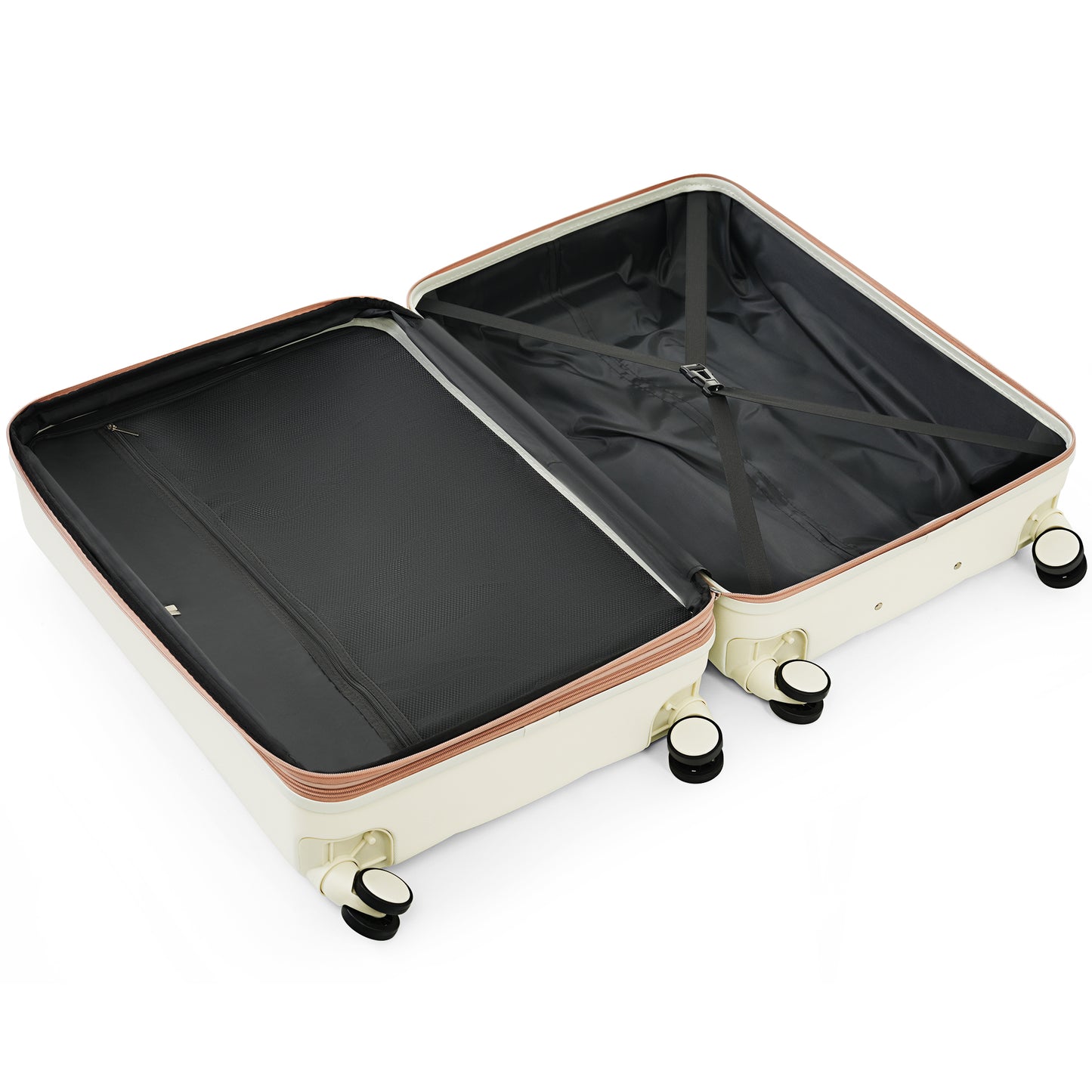 Open cream hardside spinner luggage with rose gold trim and dual interior compartments