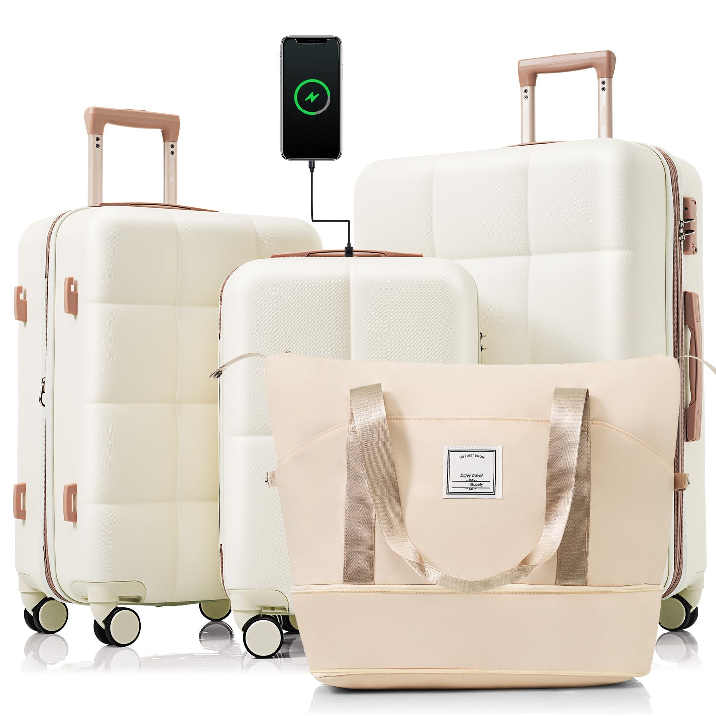 Cream hardshell luggage set with rose gold accents and a charging phone