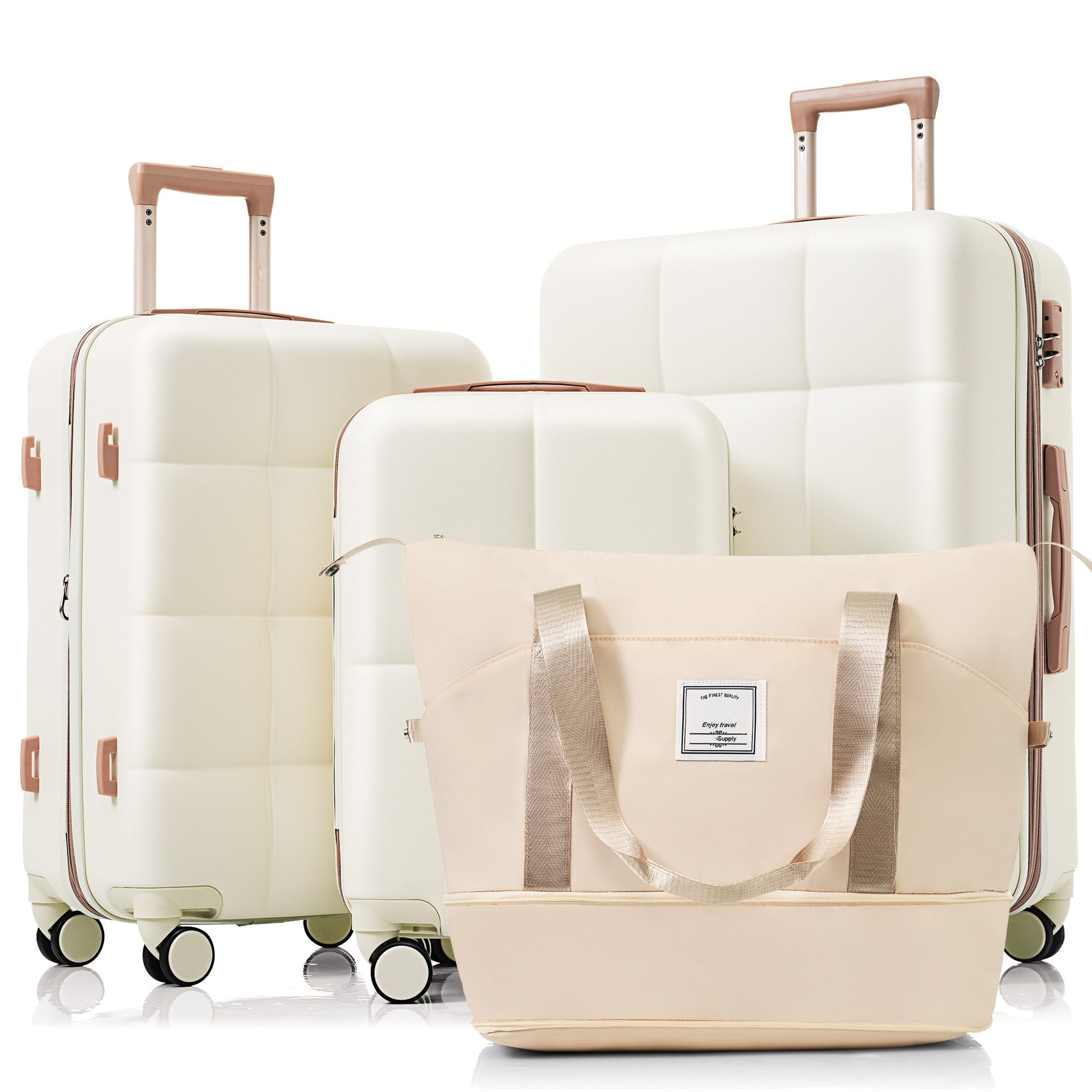 Set of three cream luggage pieces two hardside suitcases and a duffel bag