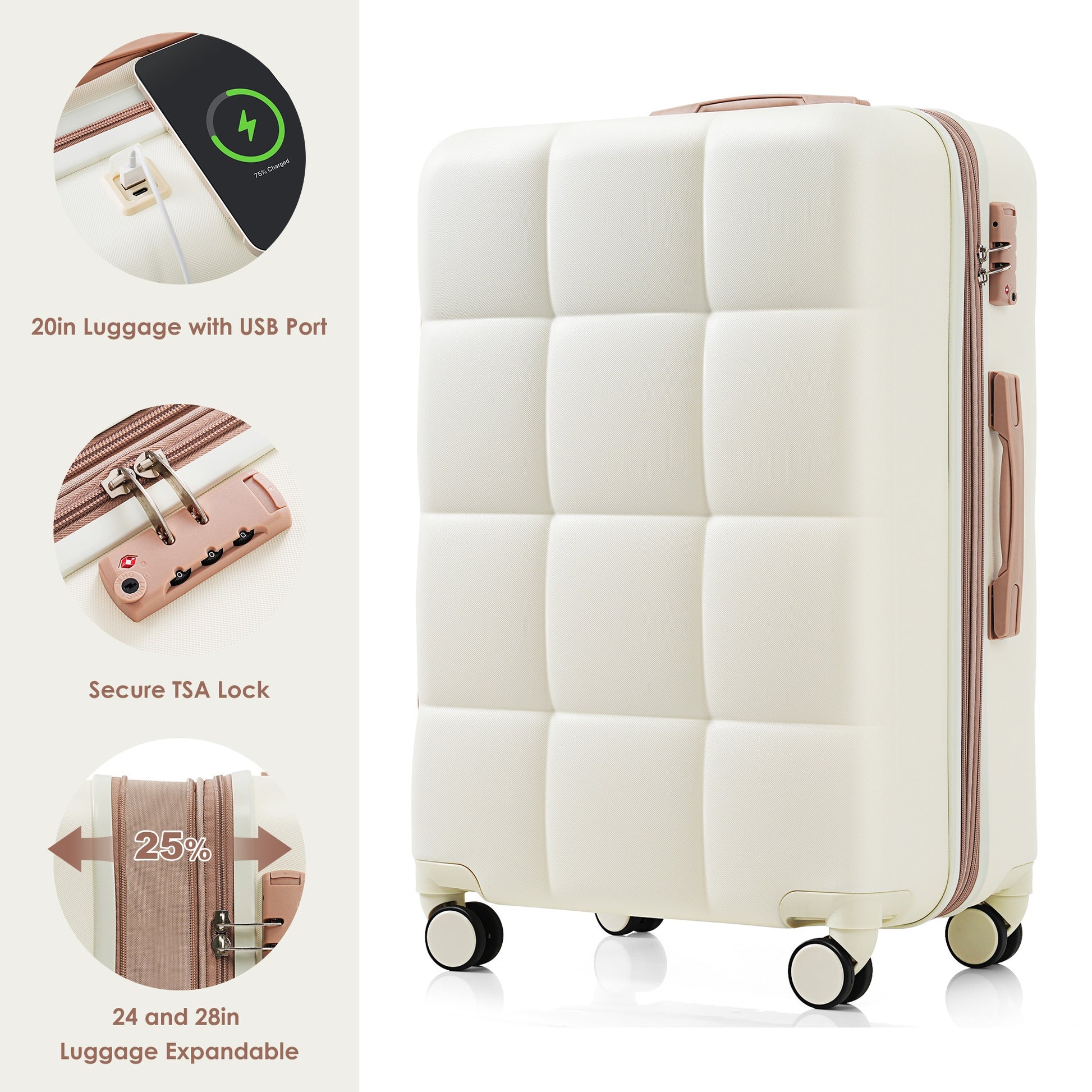 Cream hardside in luggage with a padded quilted exterior and rose gold accents