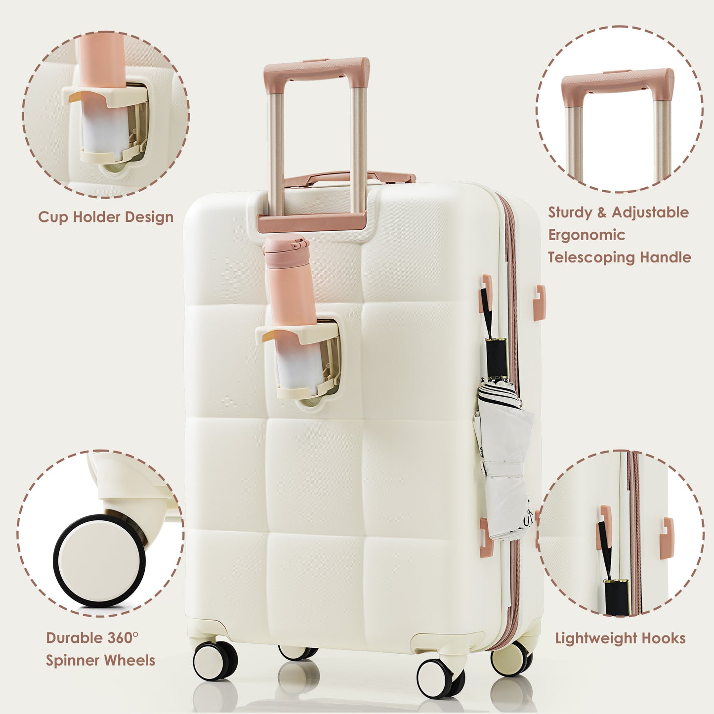 White hardside luggage with a builtin cup holder for travel convenience