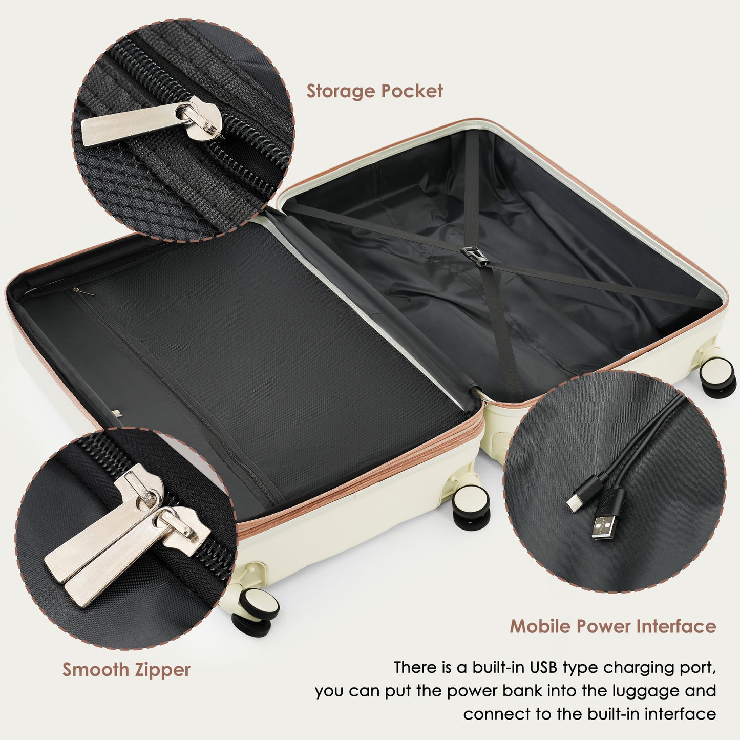 Cream hardshell suitcase with a smooth zipper detail and storage pocket