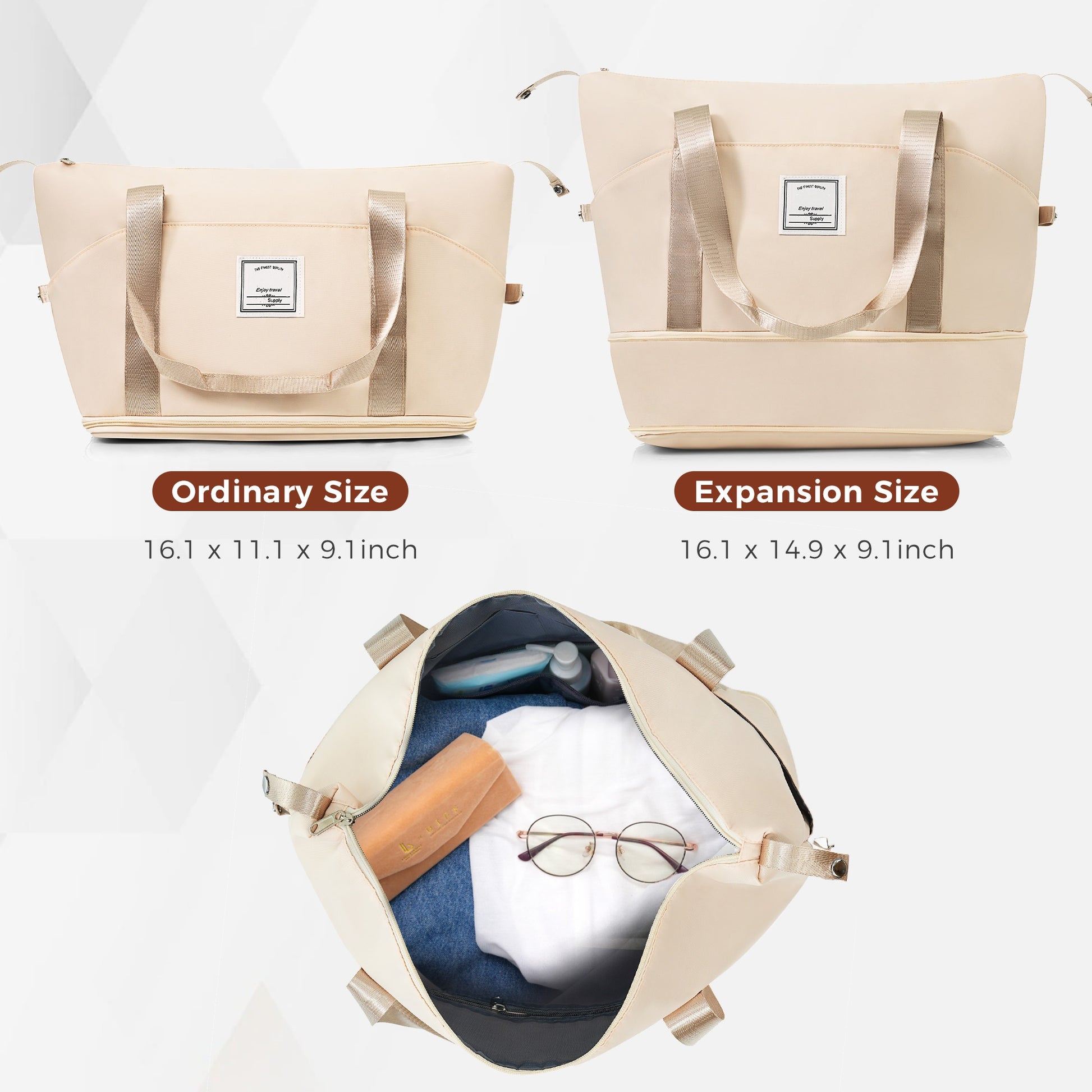Beige expandable duffel bag showing ordinary size with golden strap