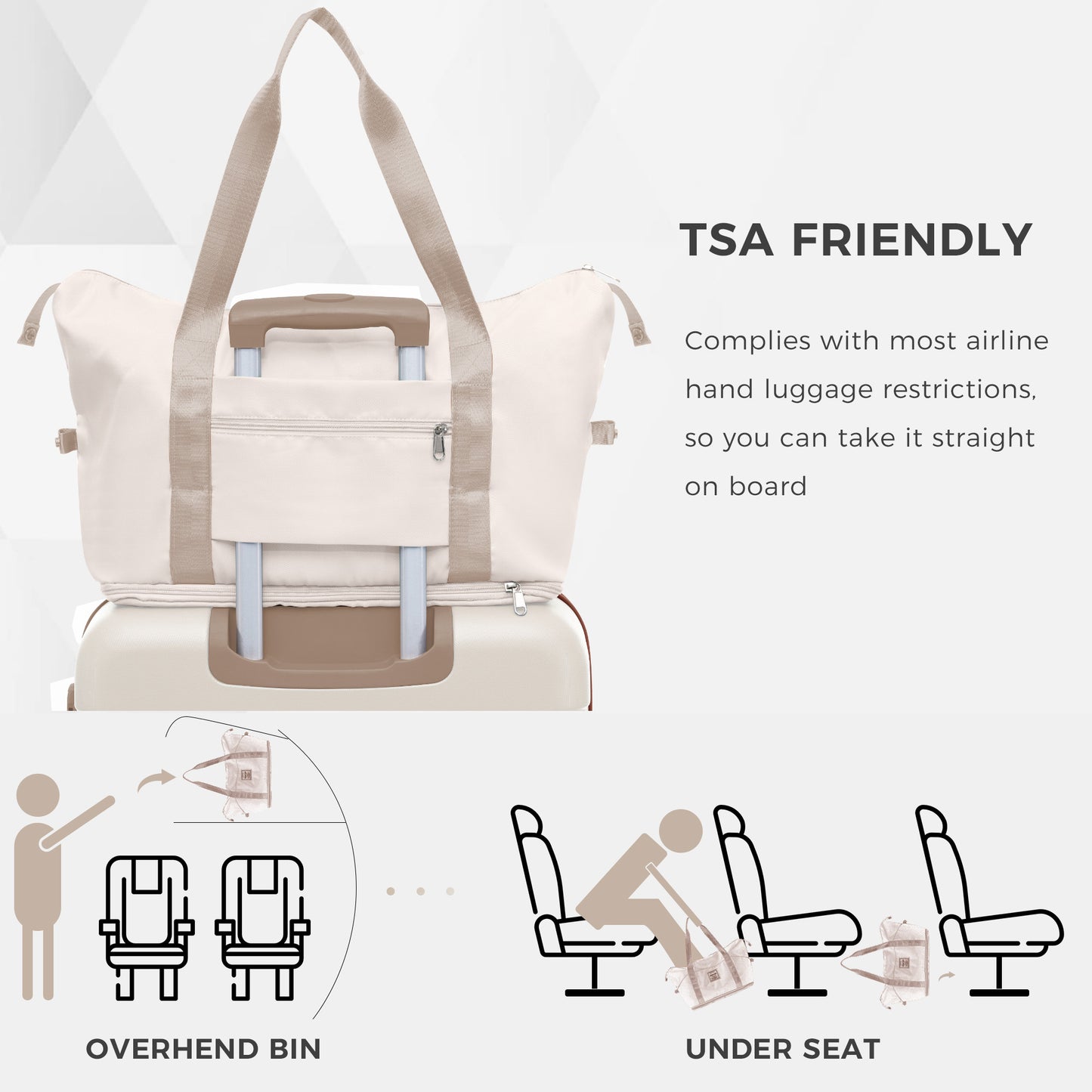 Beige canvas duffel bag with taupe straps and zippers TSA friendly carryon luggage