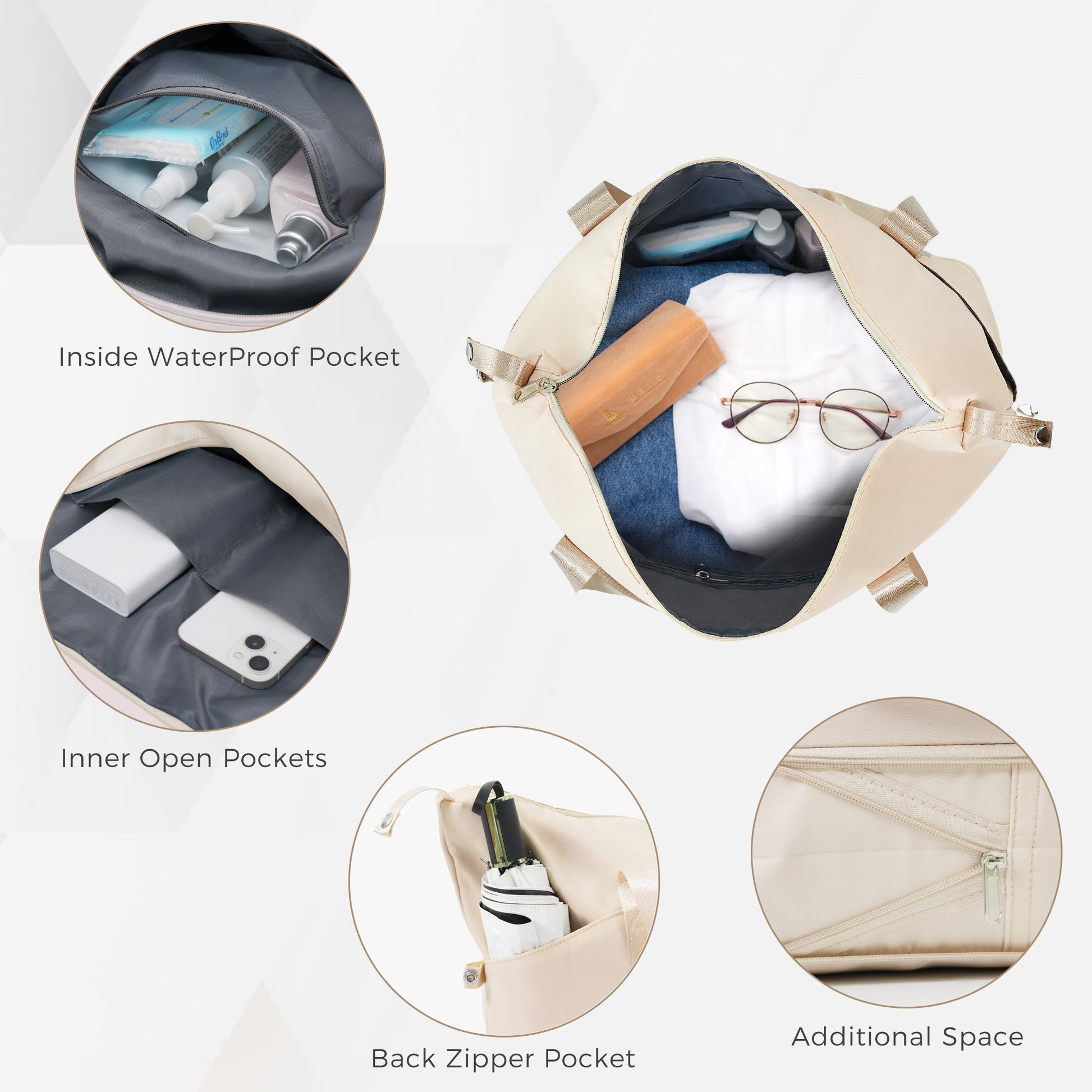 Open beige tote bag with clothes glasses and toiletries featuring multiple pockets