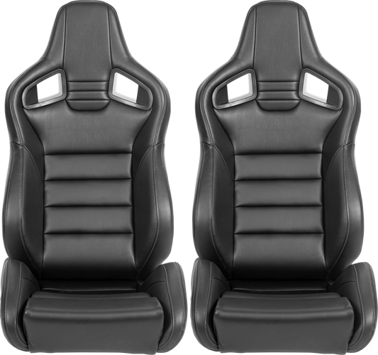 Black racing bucket seat with quilted stitching and cutout shoulder support for enhanced driving