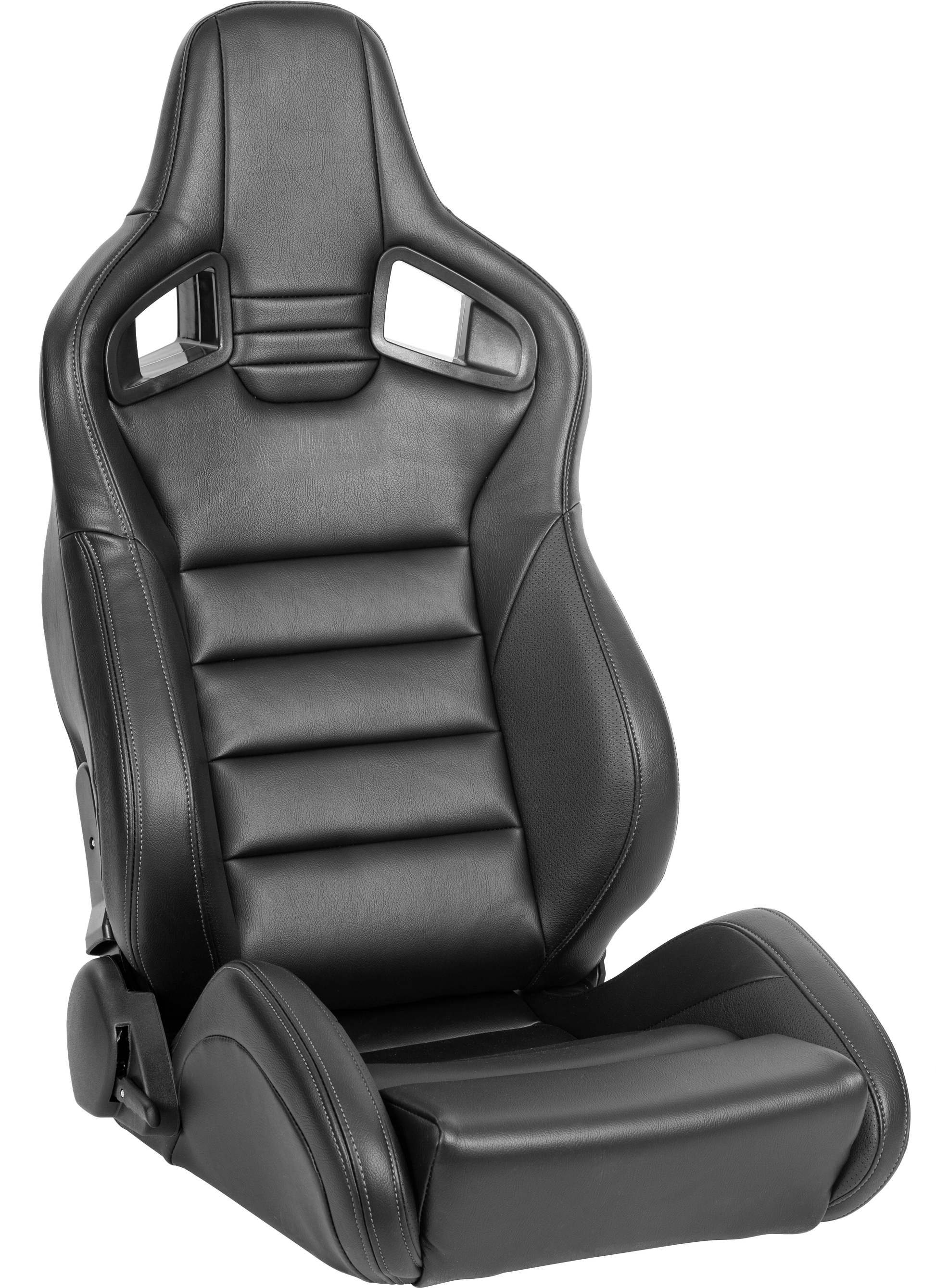 Black racing bucket seat with deep bolstering and white contrast stitching