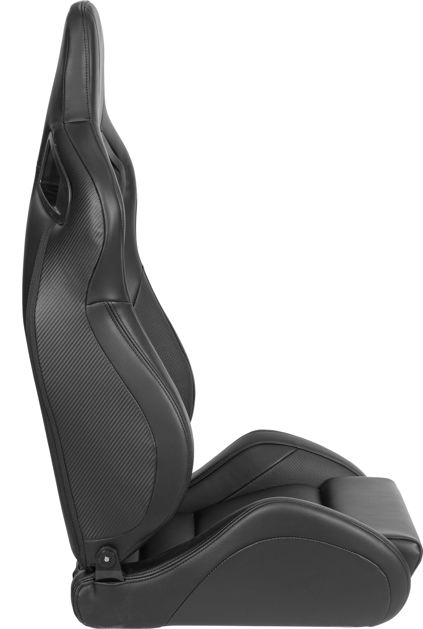 Black racing bucket seat with perforated leather and carbon fiber accents