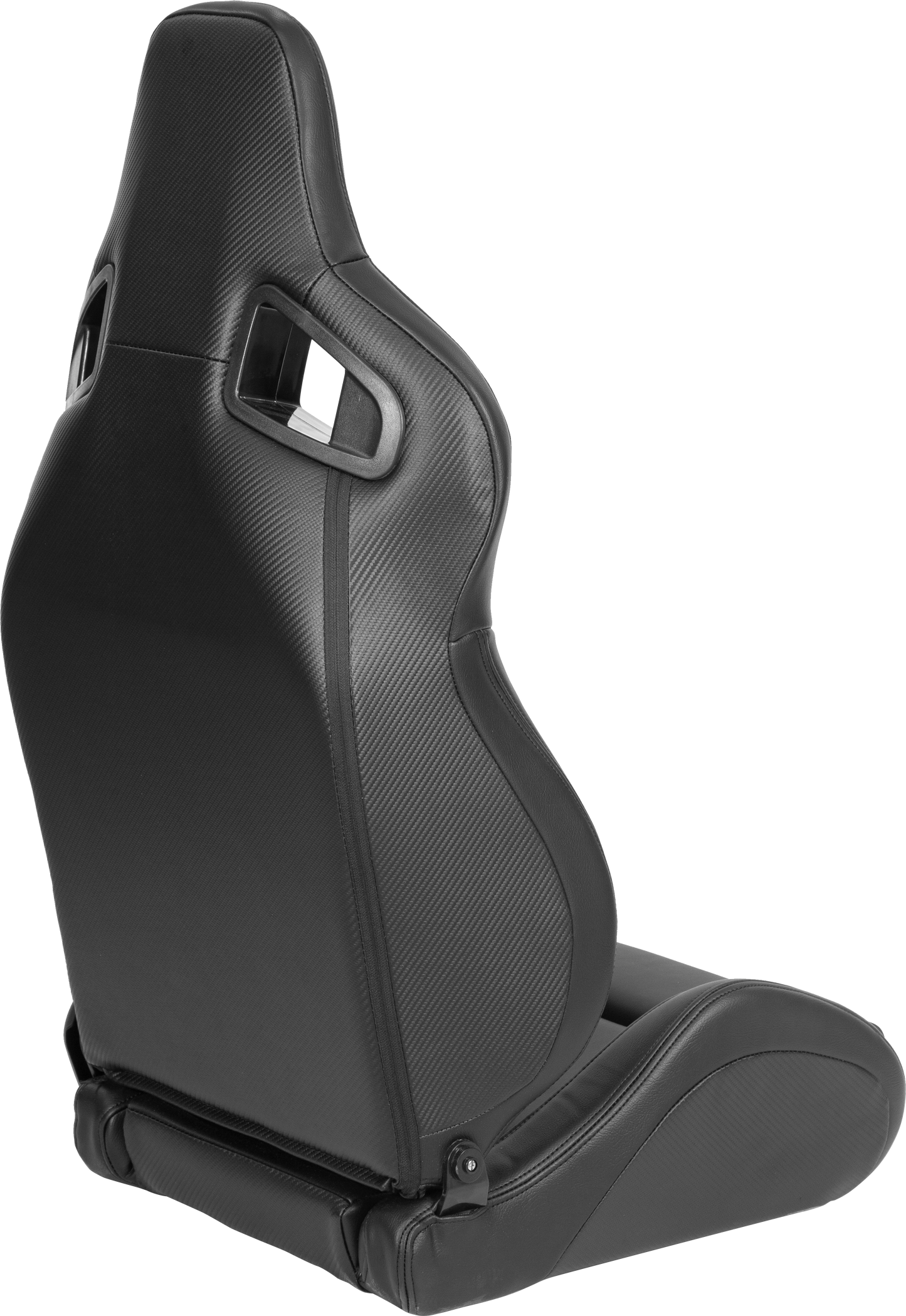 Black racing bucket seat with carbon fiber texture accents and faux leather trim